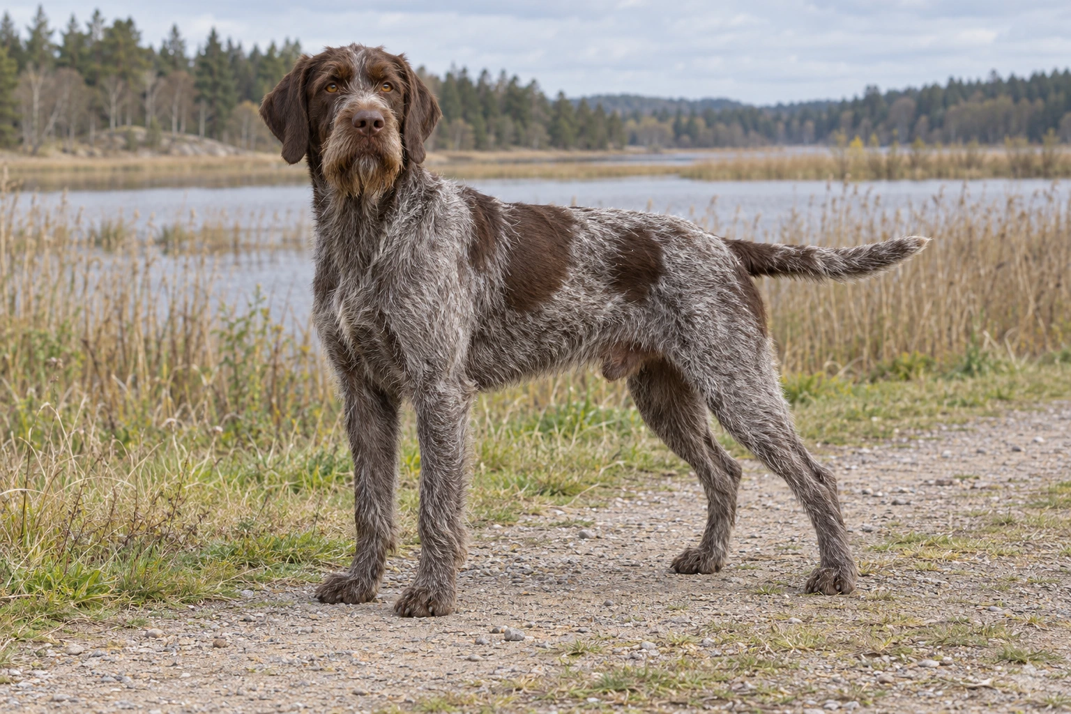 Stålgrå og leverbrun Griffon Korthals med strid pels og skæg står på en sti ved siv.