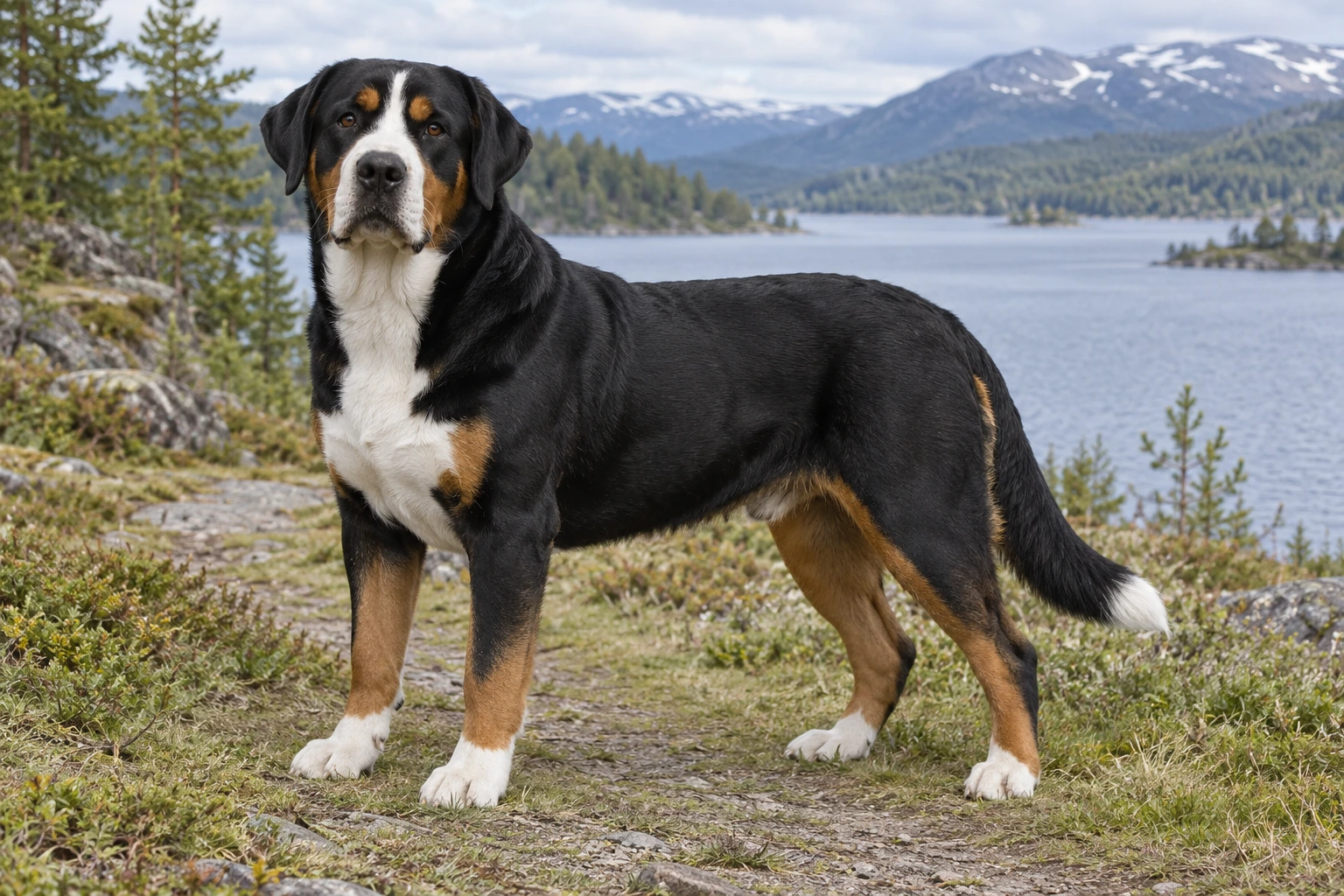 Voksen trefarvet Grosser Schweizer Sennenhund med kraftig bygning og naturlig hale ved en sø