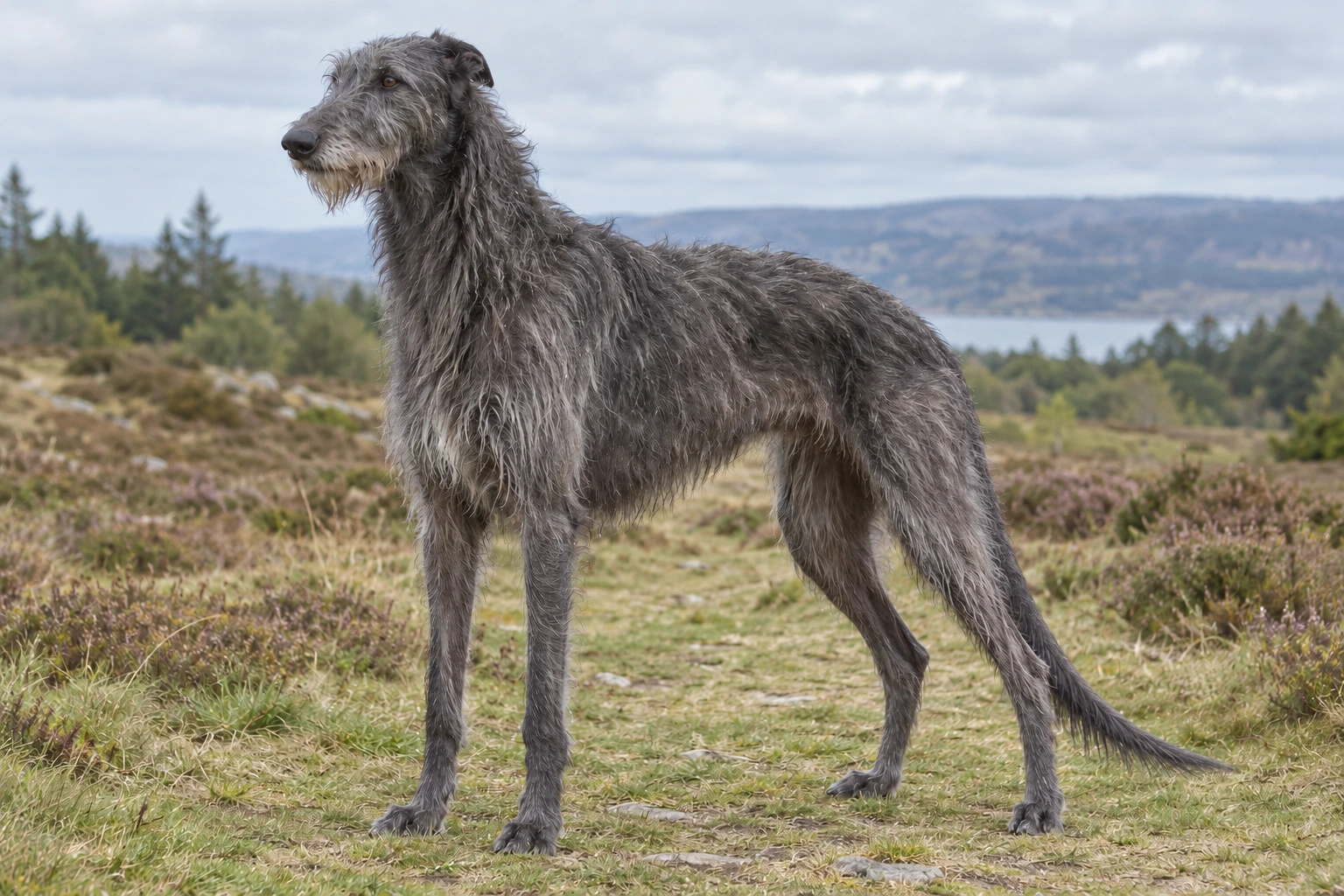 Grå Hjortehund med ru pels og lang naturlig hale står på en hedesti.