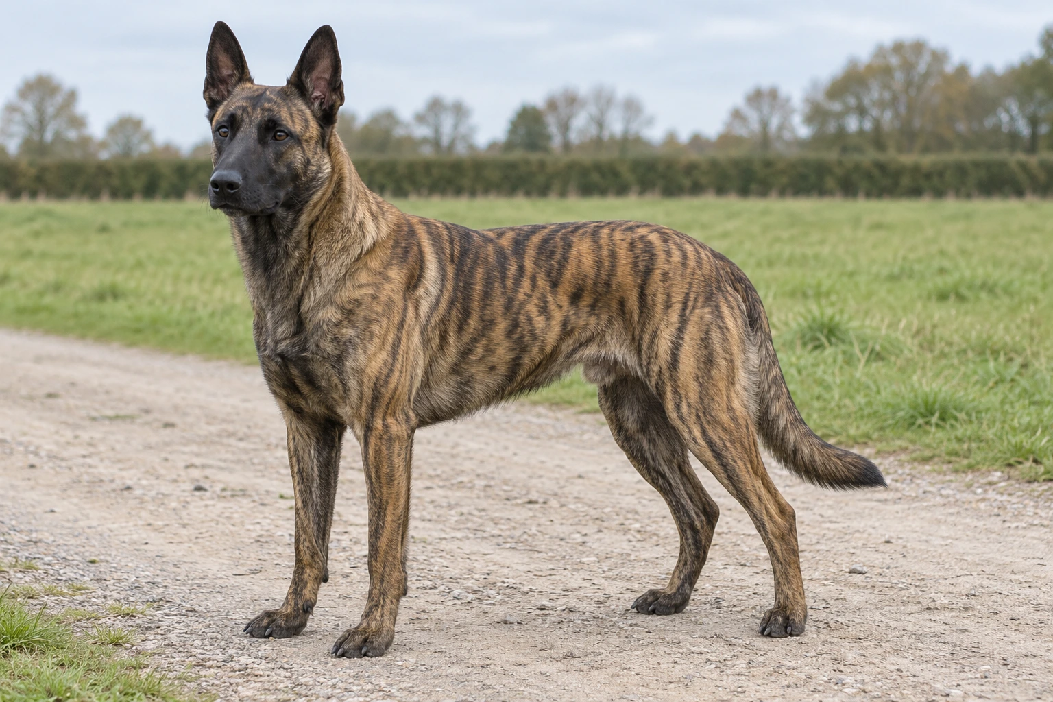 Korthåret Hollandsk Hyrdehund med gylden brindle og sort maske står på en markvej.