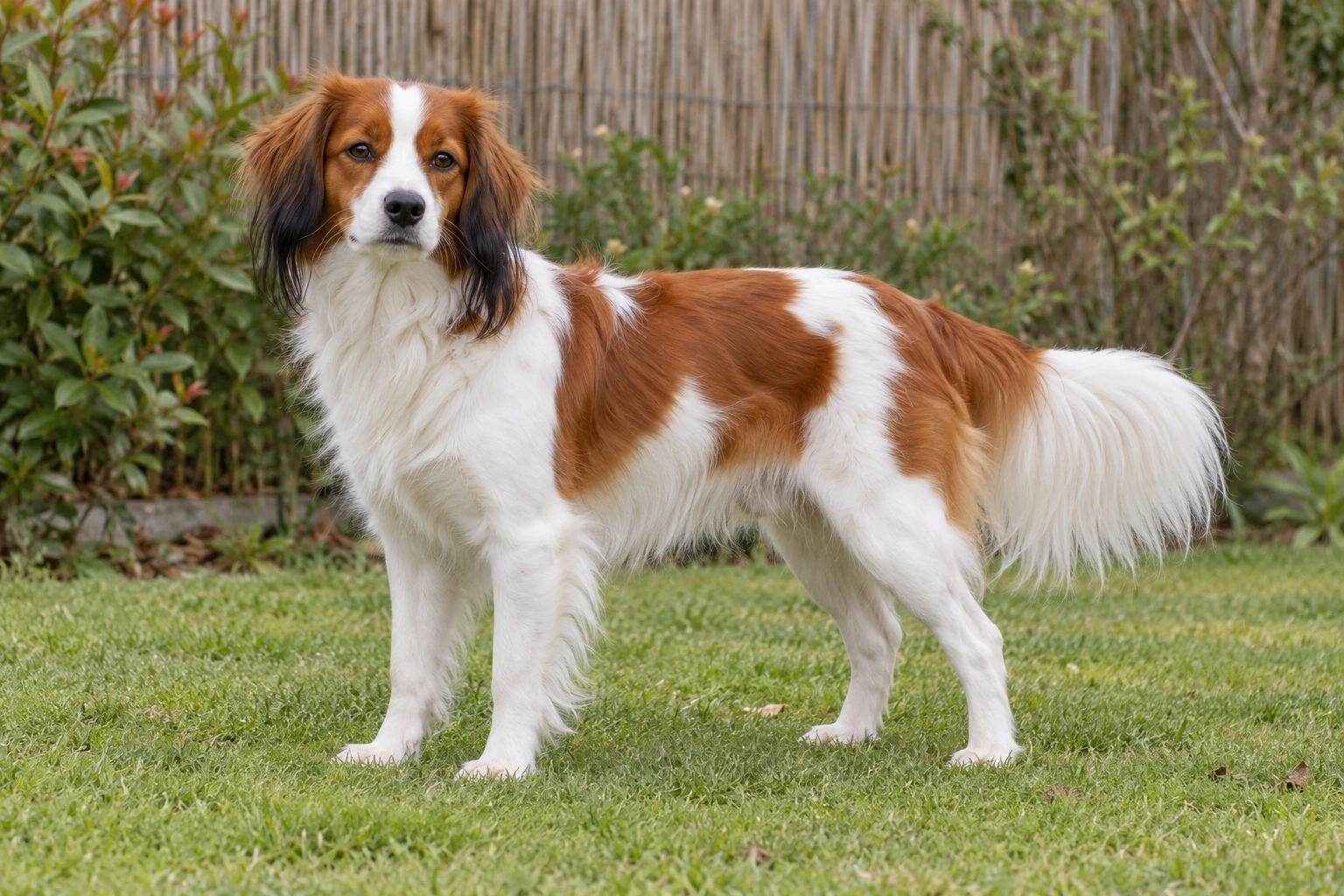 Orangerød og hvid Kooikerhondje med sorte ørehår står i en have.