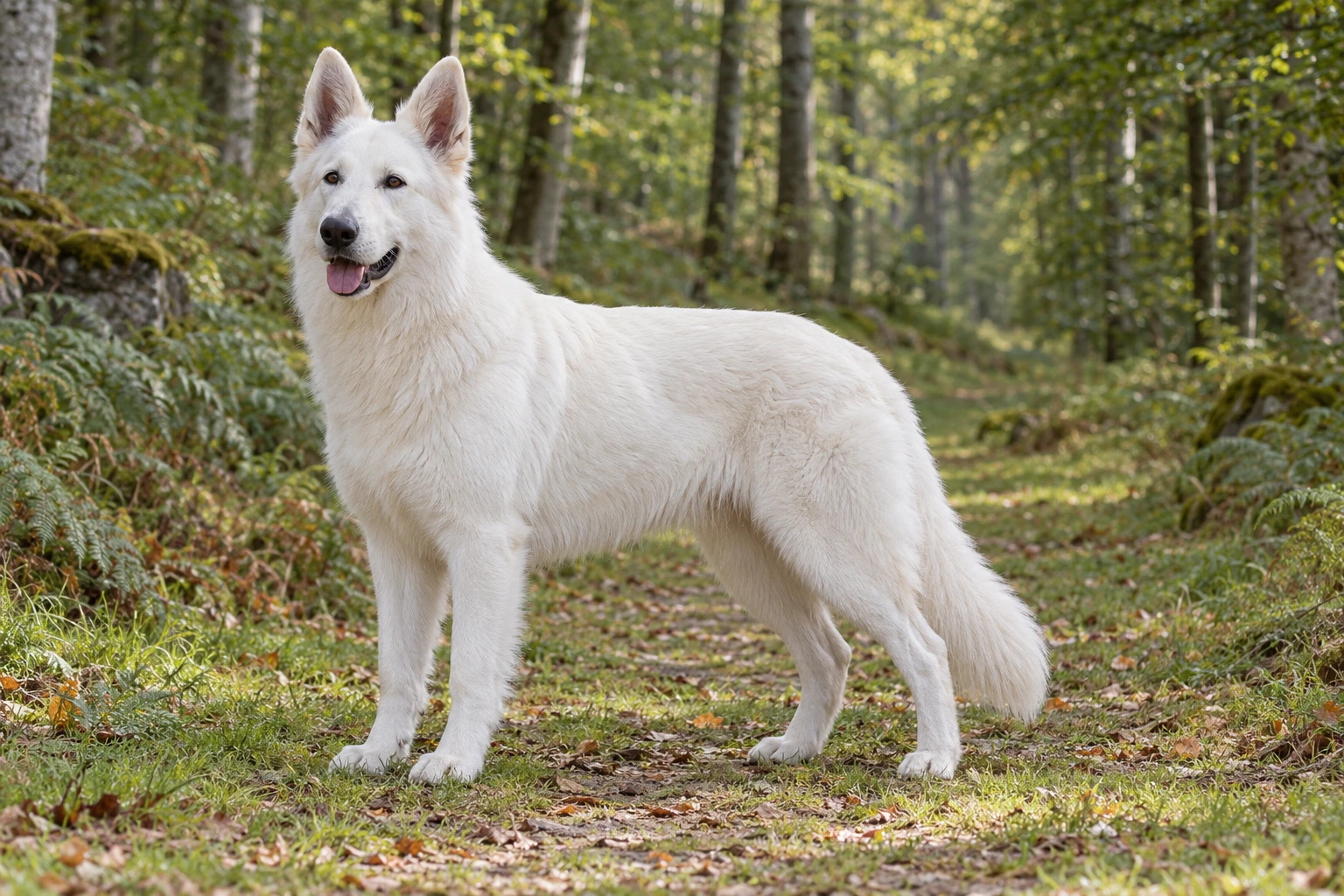 Hvid Schweizisk Hyrdehund med oprejste ører og lav hale står på en skovsti.