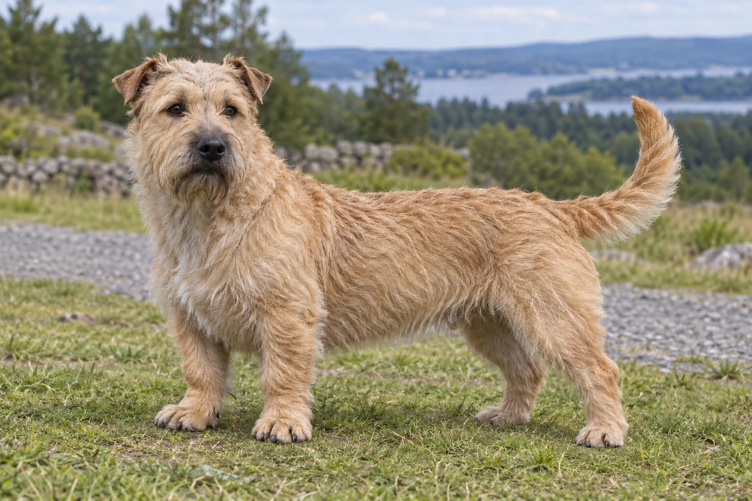 Voksen Irish Glen of Imaal Terrier med naturlige ører og hale står ved en engsti.