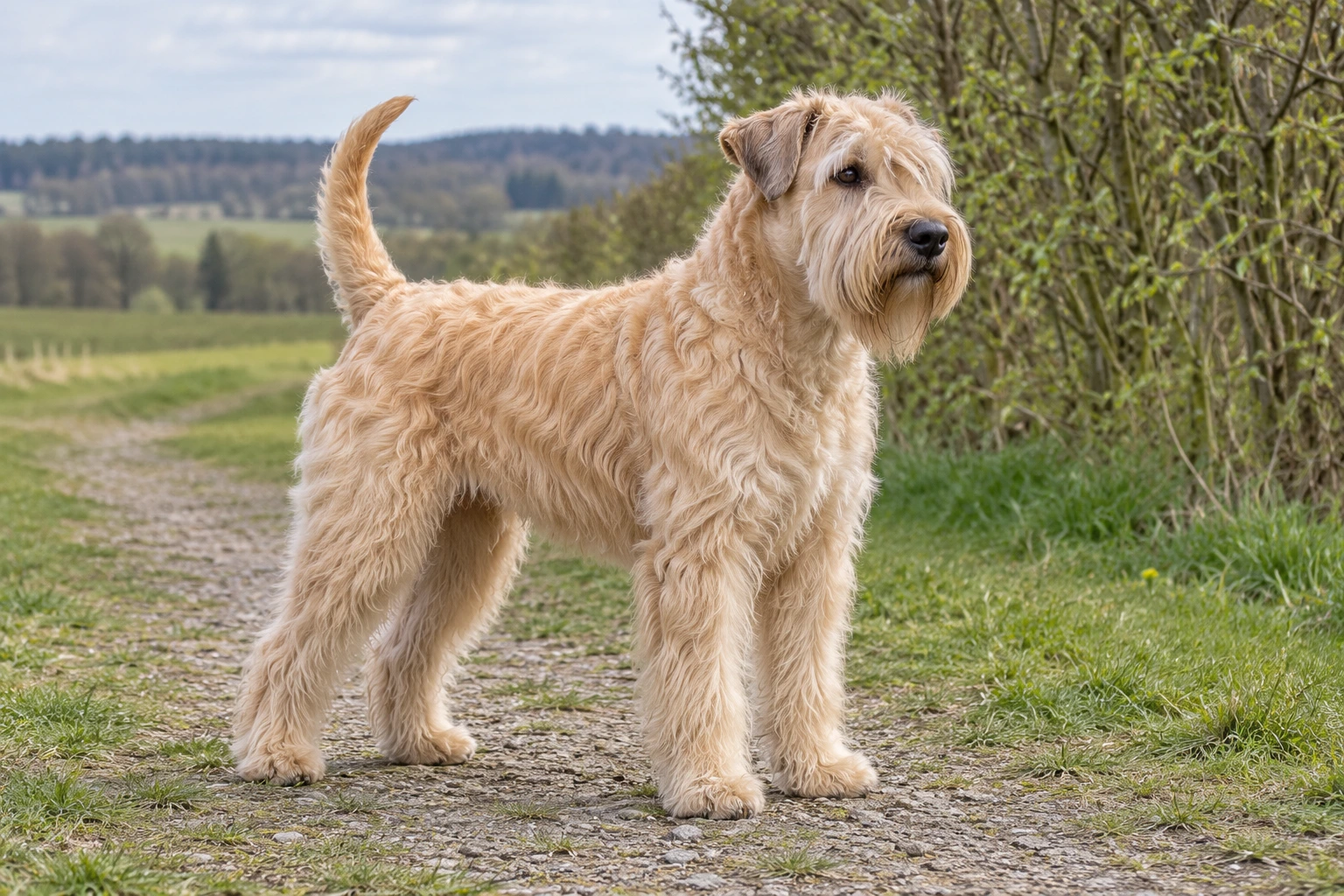Hvedefarvet Irish Softcoated Wheaten Terrier med bølget pels står på en marksti.