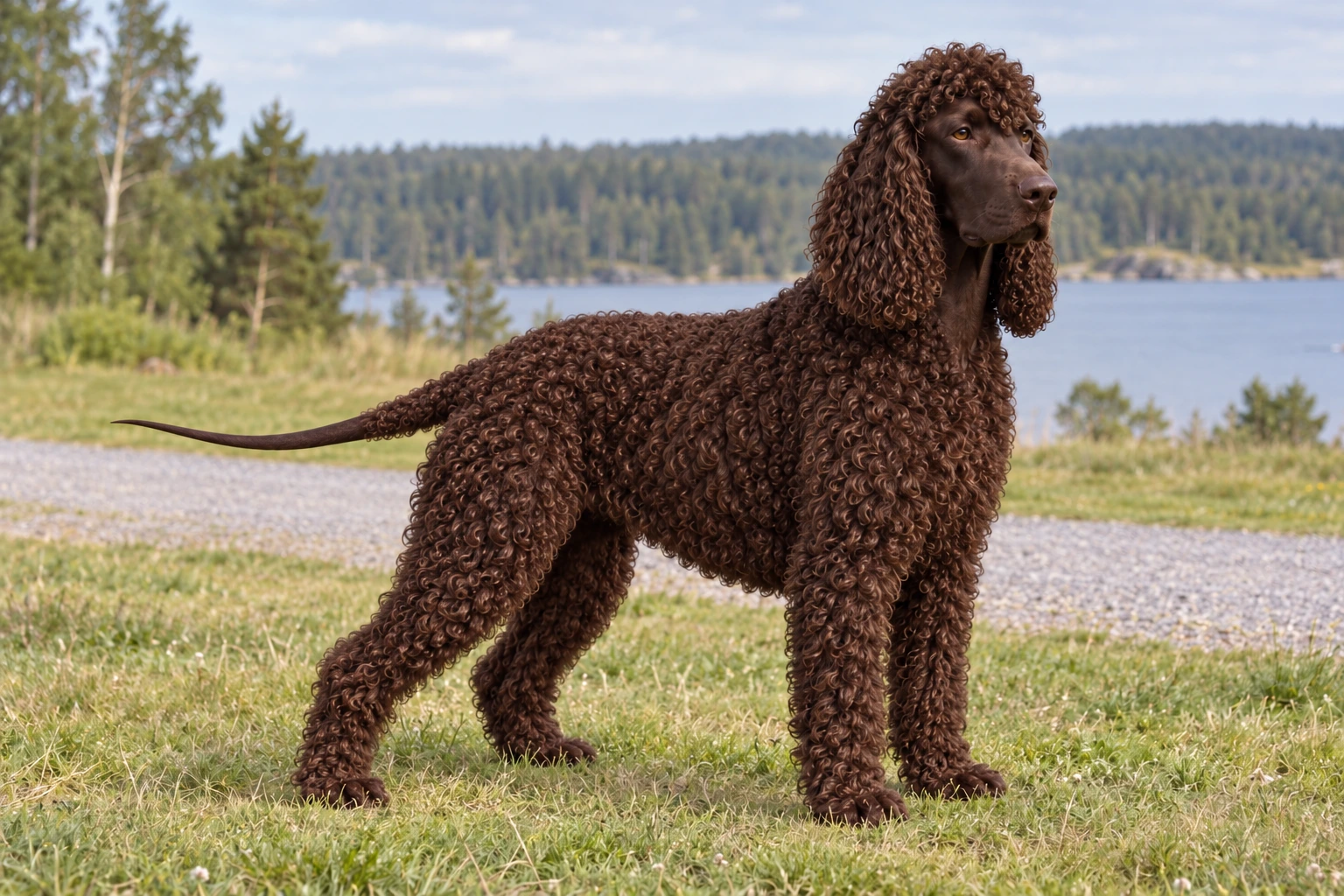 Voksen Irish Water Spaniel med naturlige ører og hale står ved en engsti.