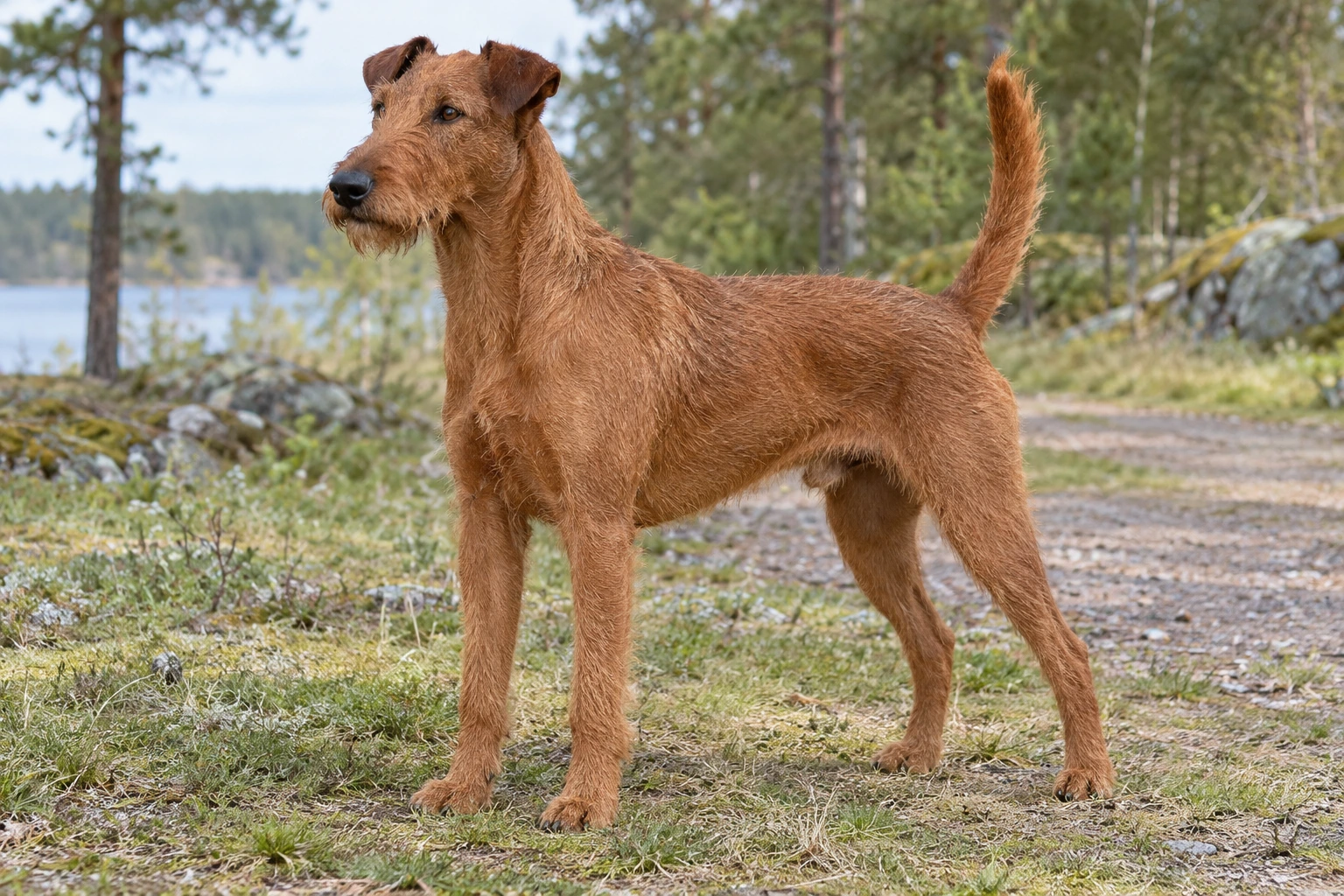 Rød Irsk Terrier med strid pels og naturlig opret hale står i en skovlysning.
