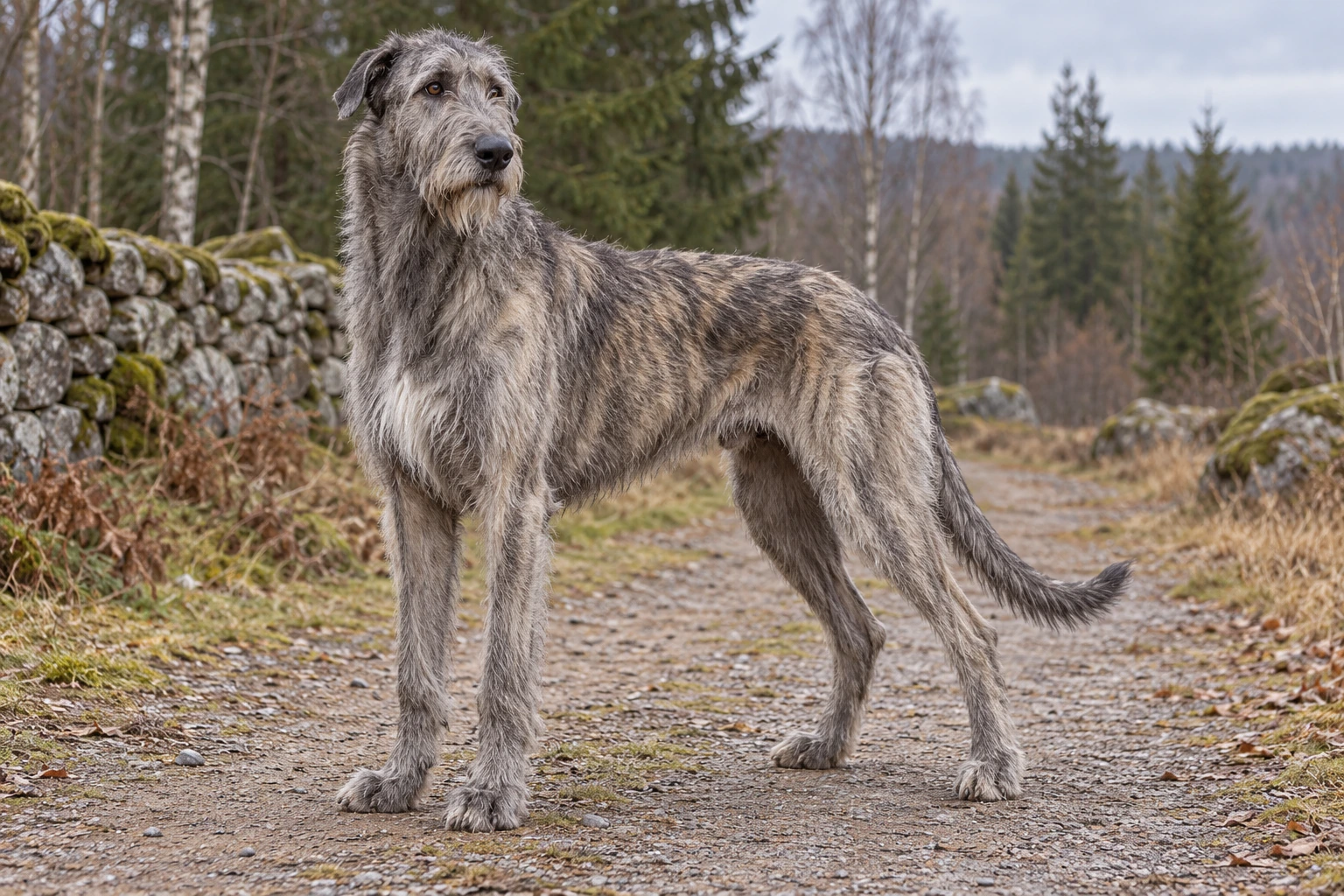 Gråbrindlet Irsk Ulvehund med ru pels og skæg står på en sti ved et stengærde.