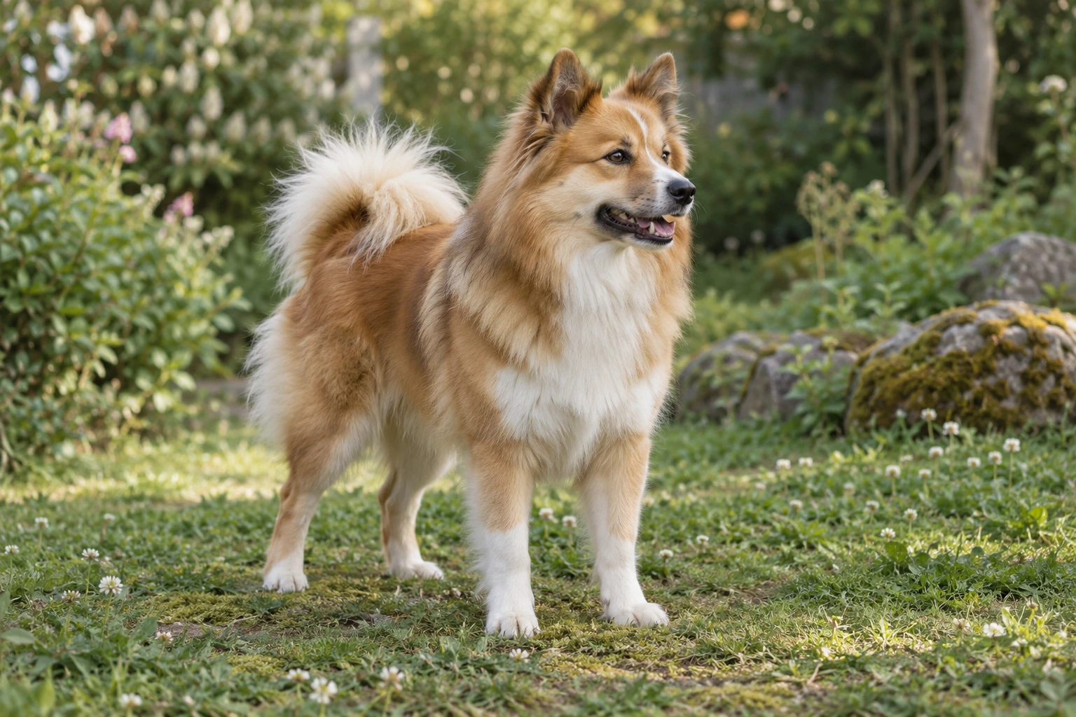 Rød og hvid voksen Islandsk Fårehund står i en have
