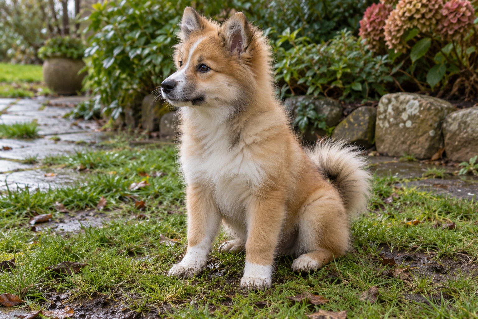 Hvalp af racen Islandsk Fårehund, ca. 12 uger, i et nordisk hverdagsmiljø