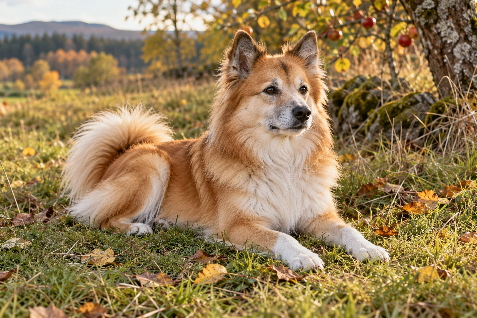 Senior af racen Islandsk Fårehund, ca. 10 år, i et nordisk hverdagsmiljø