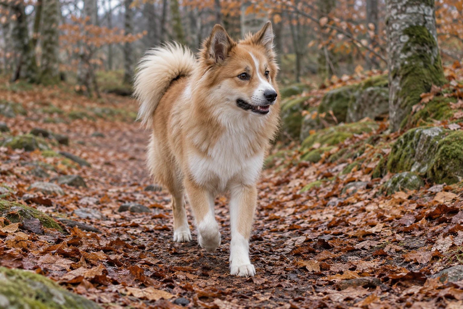 Unghund af racen Islandsk Fårehund, ca. 9 måneder, i et nordisk hverdagsmiljø