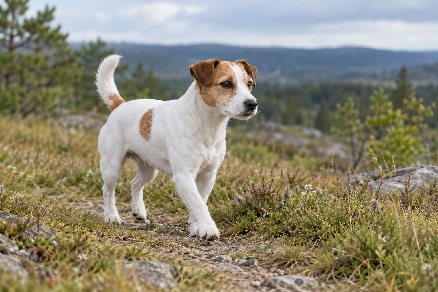 Hvid og tan voksen Jack Russell Terrier går på en hedestig