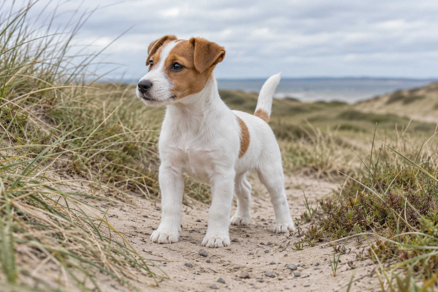 Hvalp af racen Jack Russell Terrier, ca. 12 uger, i et nordisk hverdagsmiljø