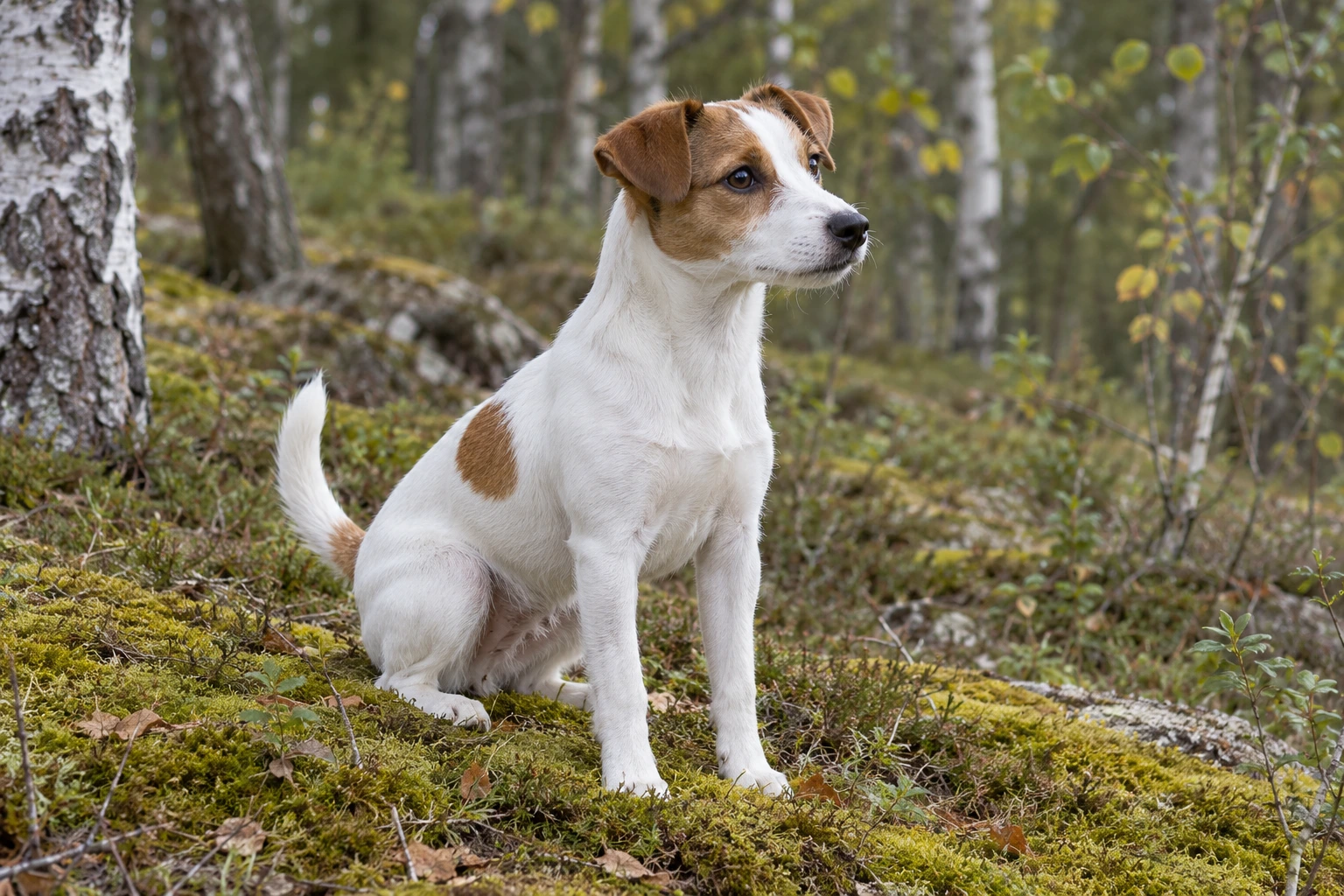 Unghund af racen Jack Russell Terrier, ca. 9 måneder, i et nordisk hverdagsmiljø