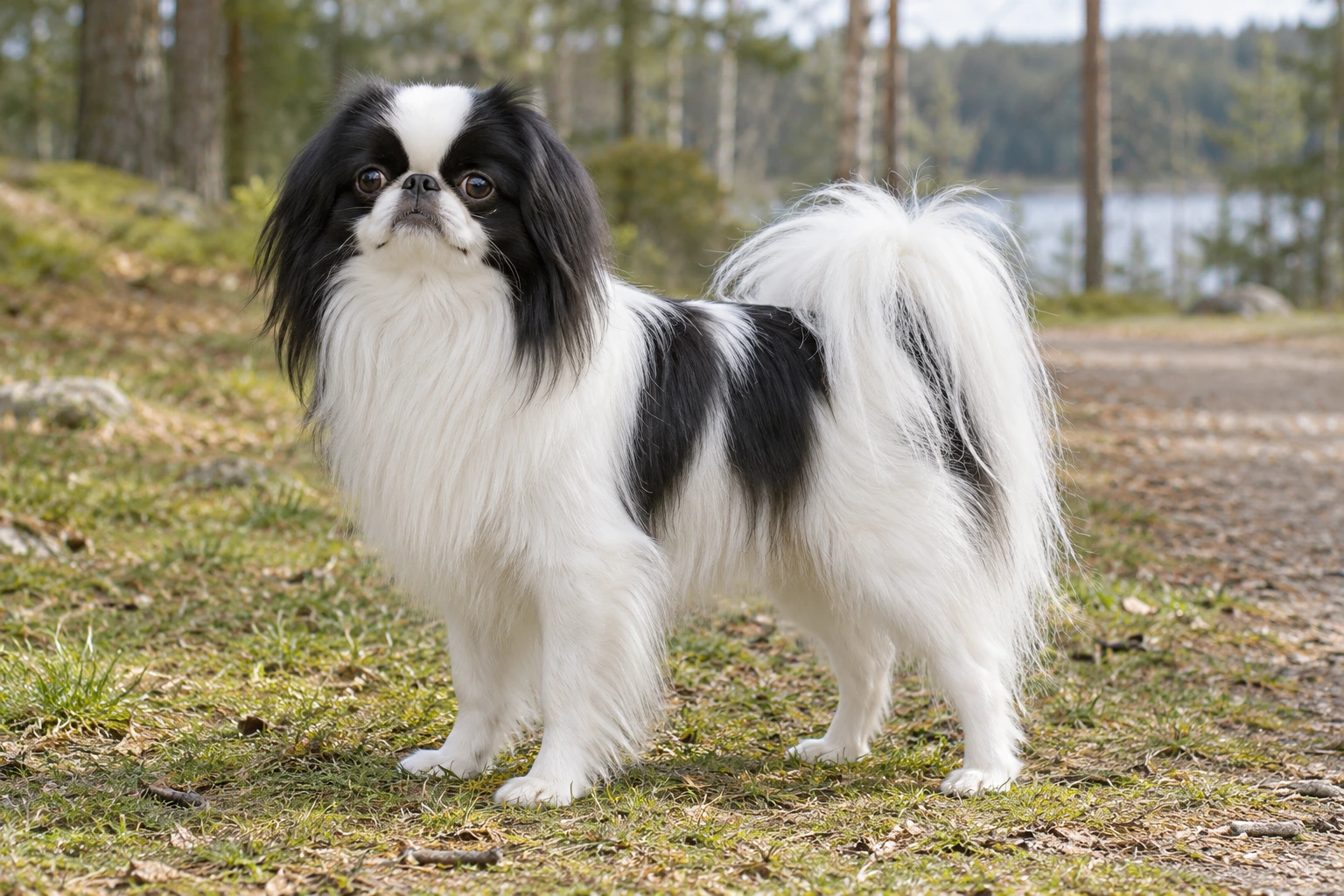 Sort og hvid Japanese Chin med lang silkeagtig pels og hale over ryggen står i en lysning.