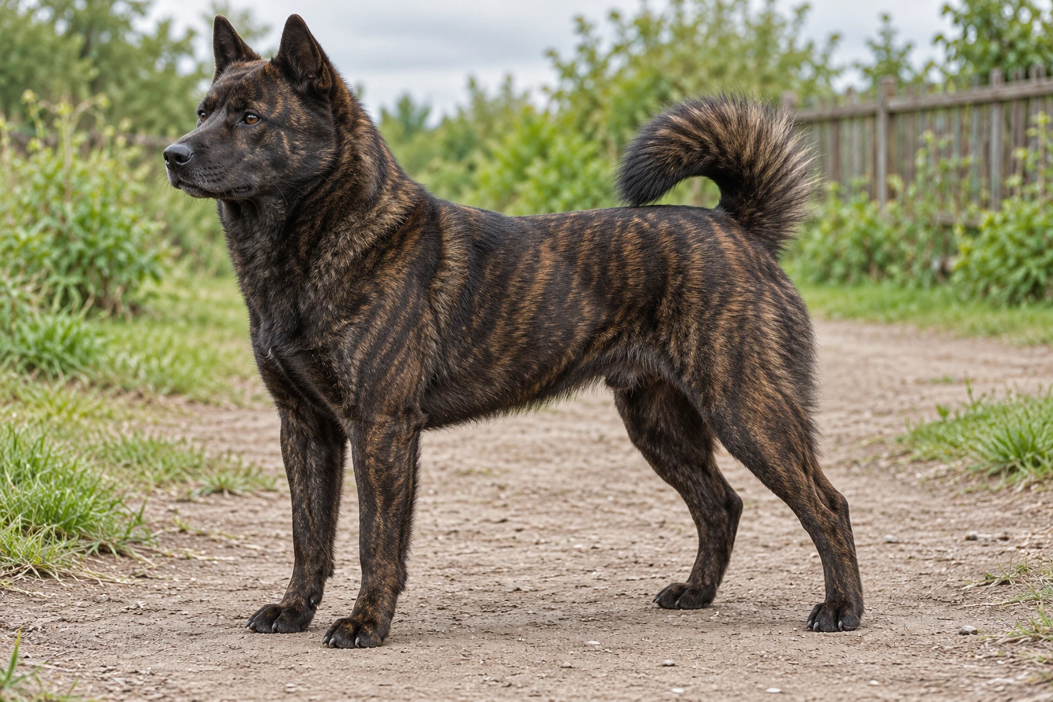 Voksen sort brindle Kai med synlige tigerstriber, naturlige ståører og fuld opadbuet hale