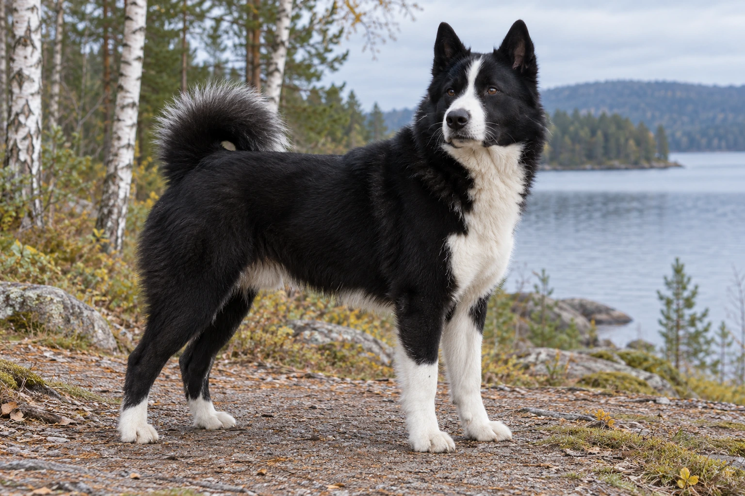 Sort og hvid Karelsk Bjørnehund med opretstående ører og krøllet hale står ved birketræer.