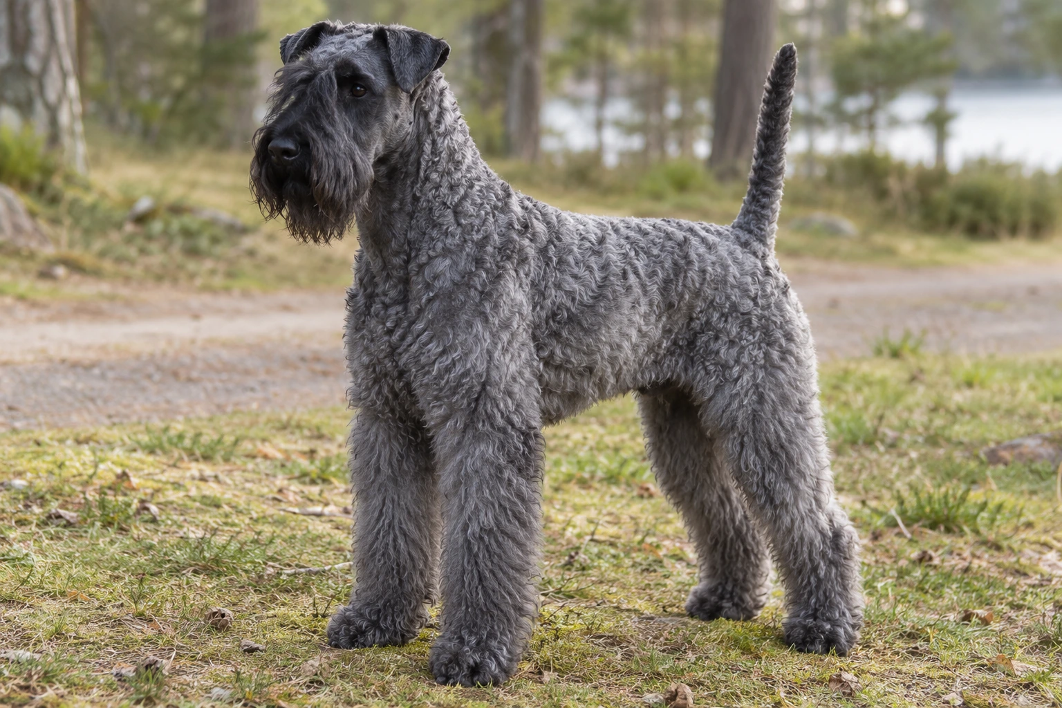 Blågrå Kerry Blue Terrier med bølget pels og skæg står i en skovlysning.