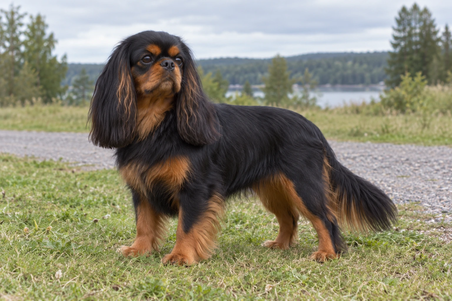 Voksen King Charles Spaniel med naturlige ører og hale står ved en engsti.