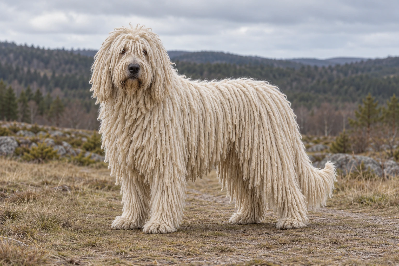 Voksen elfenbensfarvet Komondor med naturlig snorepels og lav hale på en engsti