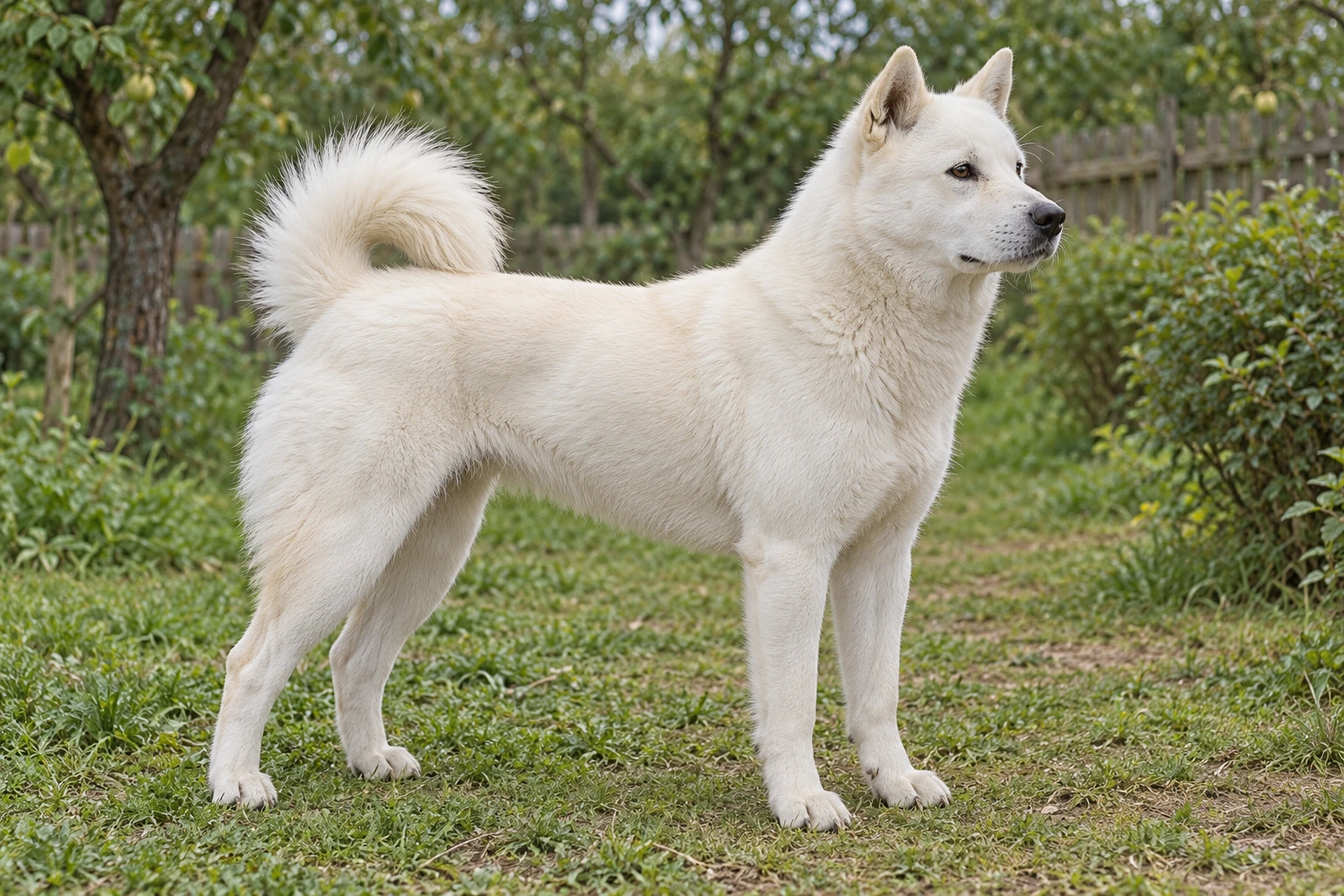 Voksen hvid Korea Jindo Dog med naturlige ståører og fuld løst buet hale på en havesti