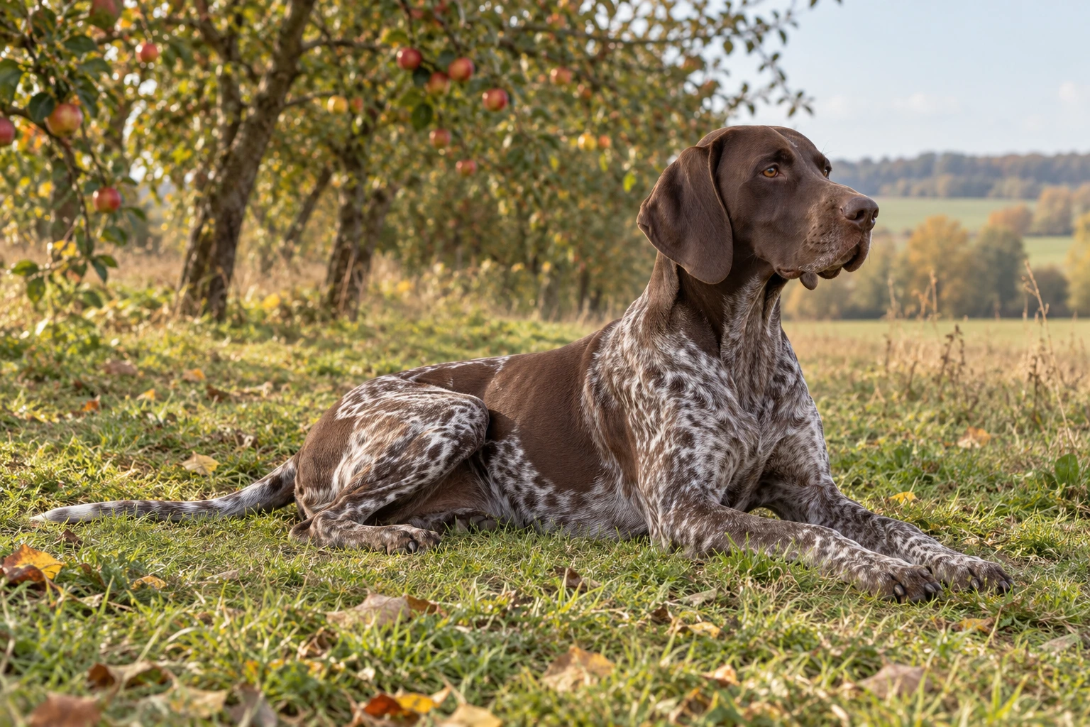 Brun og hvid voksen Korthåret Hønsehund ligger i en frugthave