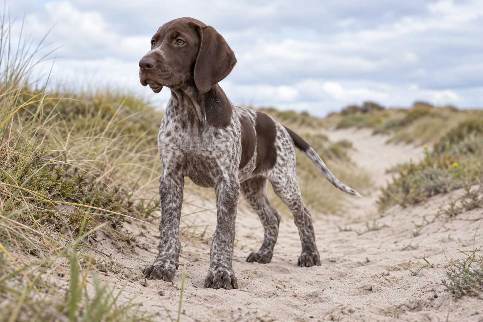 Hvalp af racen Korthåret Hønsehund, ca. 12 uger, i et nordisk hverdagsmiljø