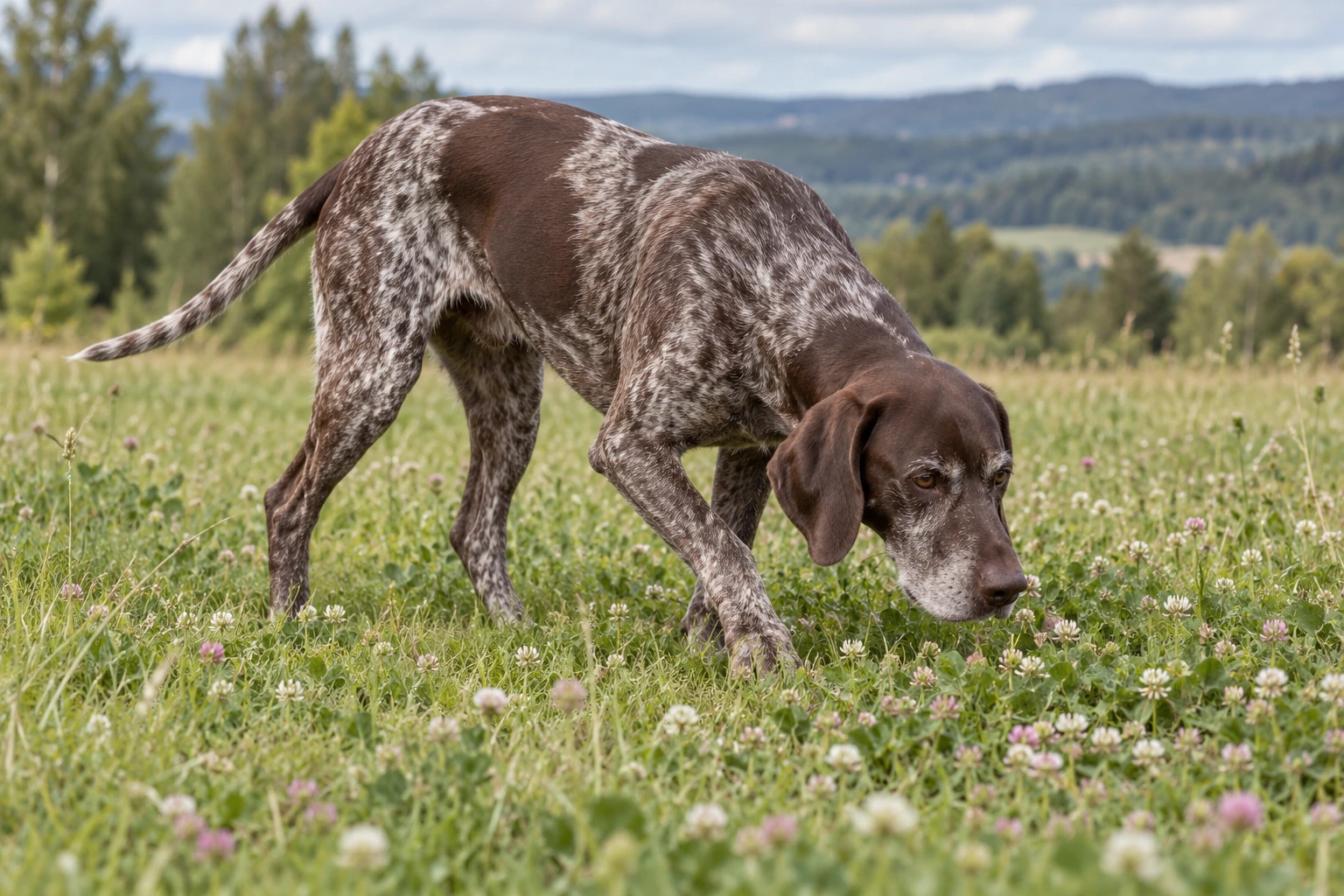 Senior af racen Korthåret Hønsehund, ca. 10 år, i et nordisk hverdagsmiljø