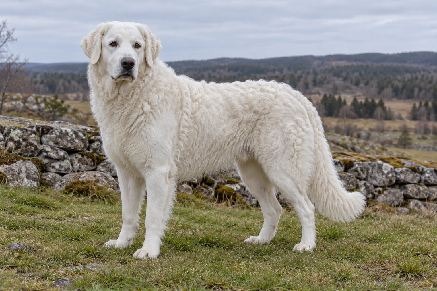 Hvid voksen Kuvasz med bølget pels, hængeører og lav busket hale ved et stengærde