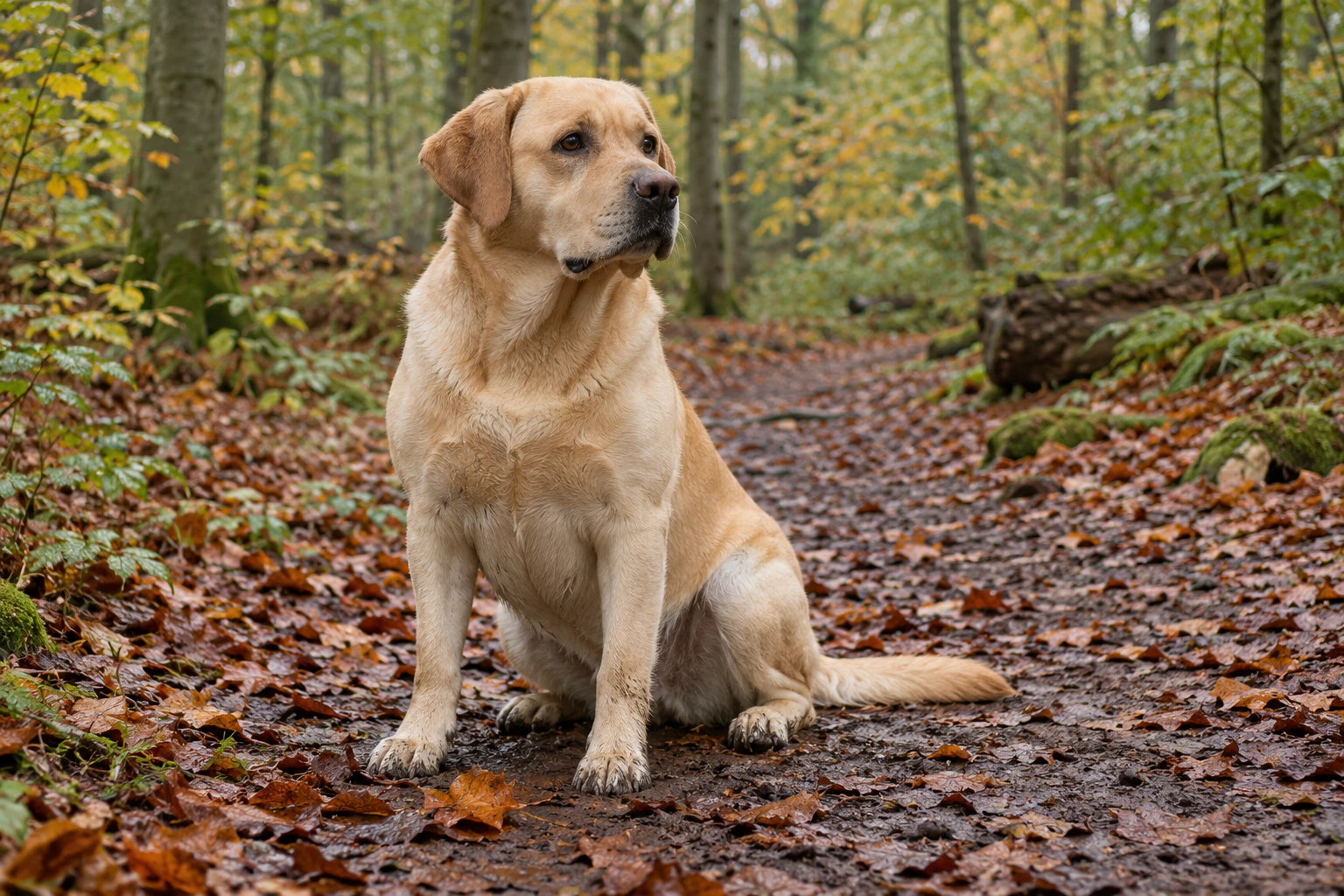 Gul voksen Labrador sidder på en skovsti