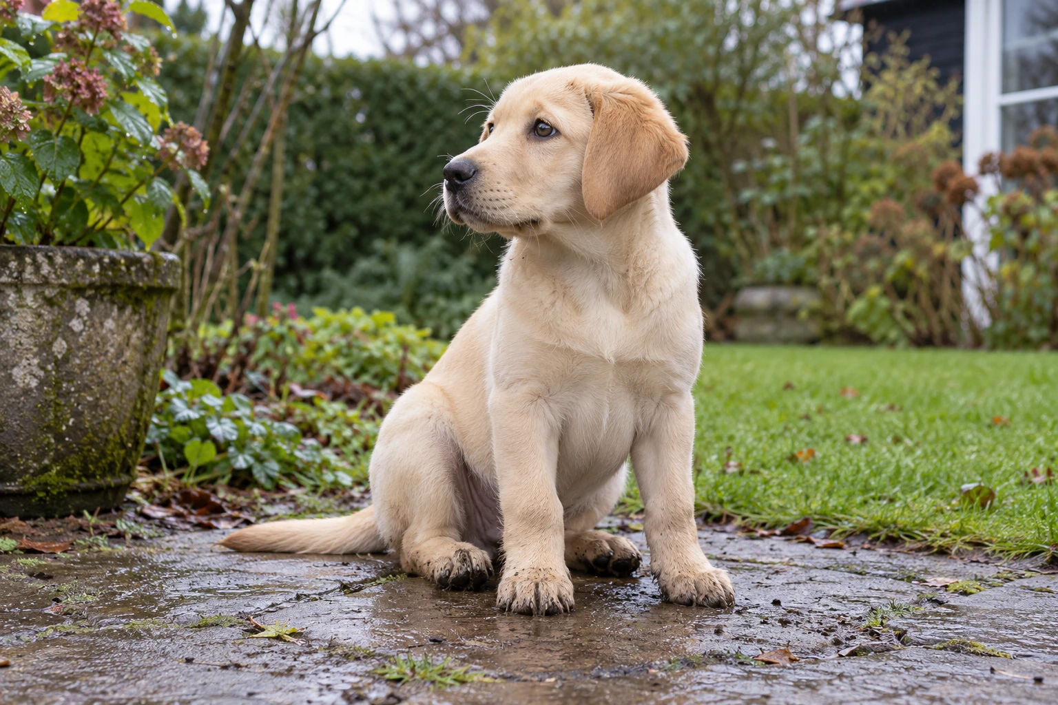 Hvalp af racen Labrador Retriever, ca. 12 uger, i et nordisk hverdagsmiljø