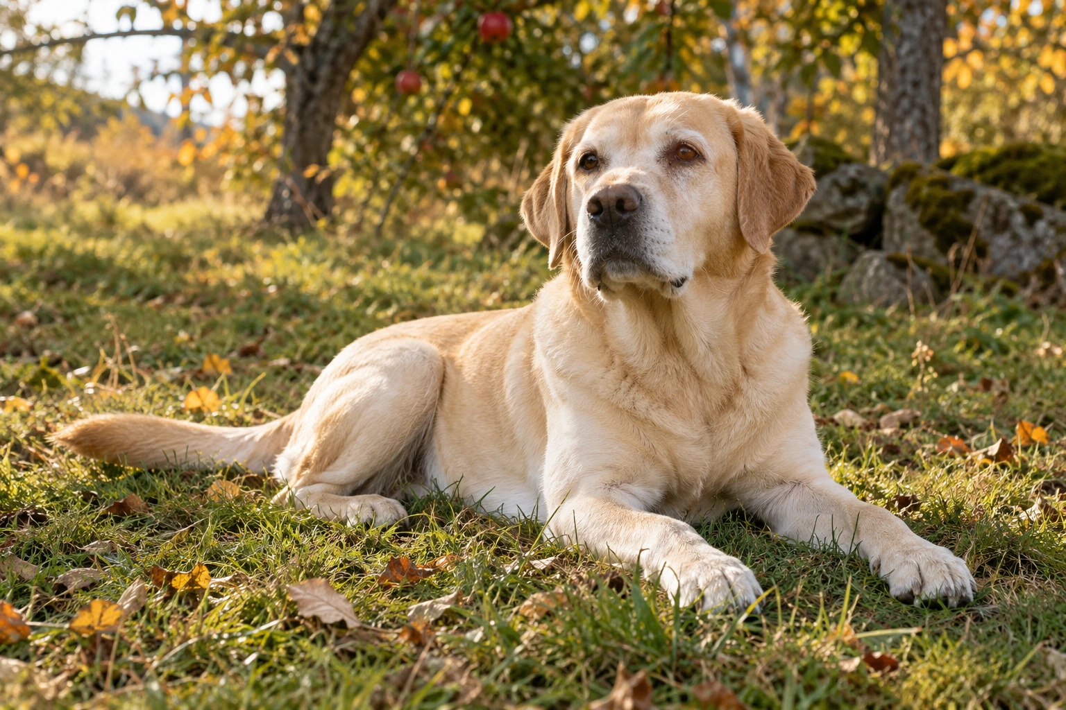 Senior af racen Labrador Retriever, ca. 10 år, i et nordisk hverdagsmiljø