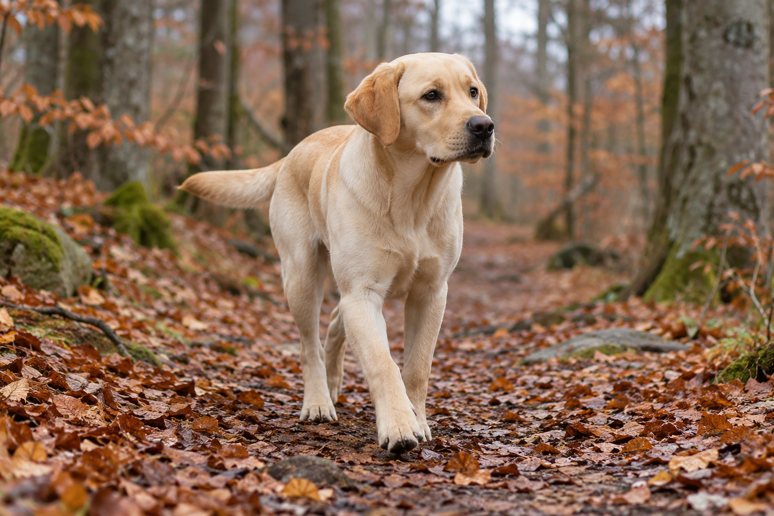 Unghund af racen Labrador Retriever, ca. 9 måneder, i et nordisk hverdagsmiljø