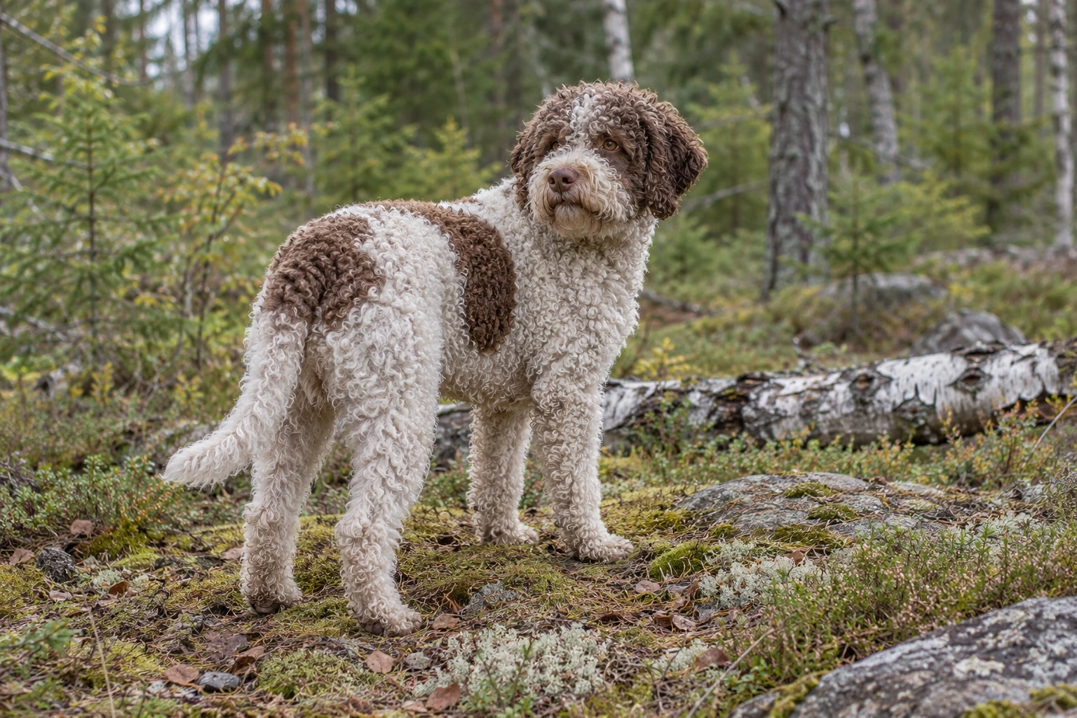 Hvid og brun voksen Lagotto Romagnolo står i en birkeskov