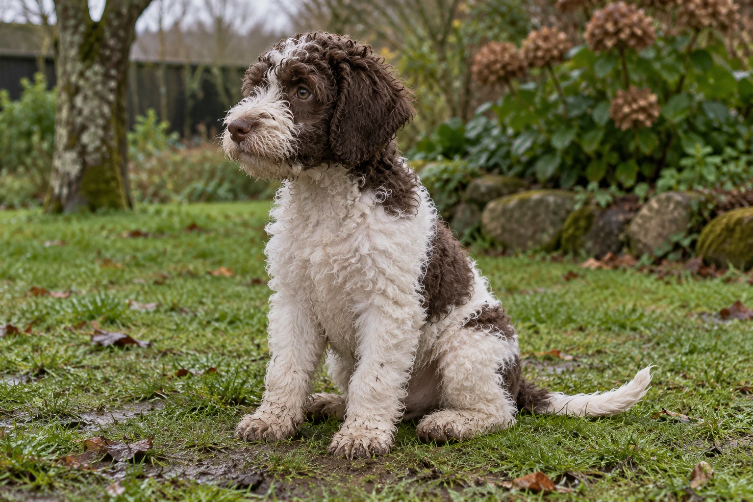 Hvalp af racen Lagotto Romagnolo, ca. 12 uger, i et nordisk hverdagsmiljø