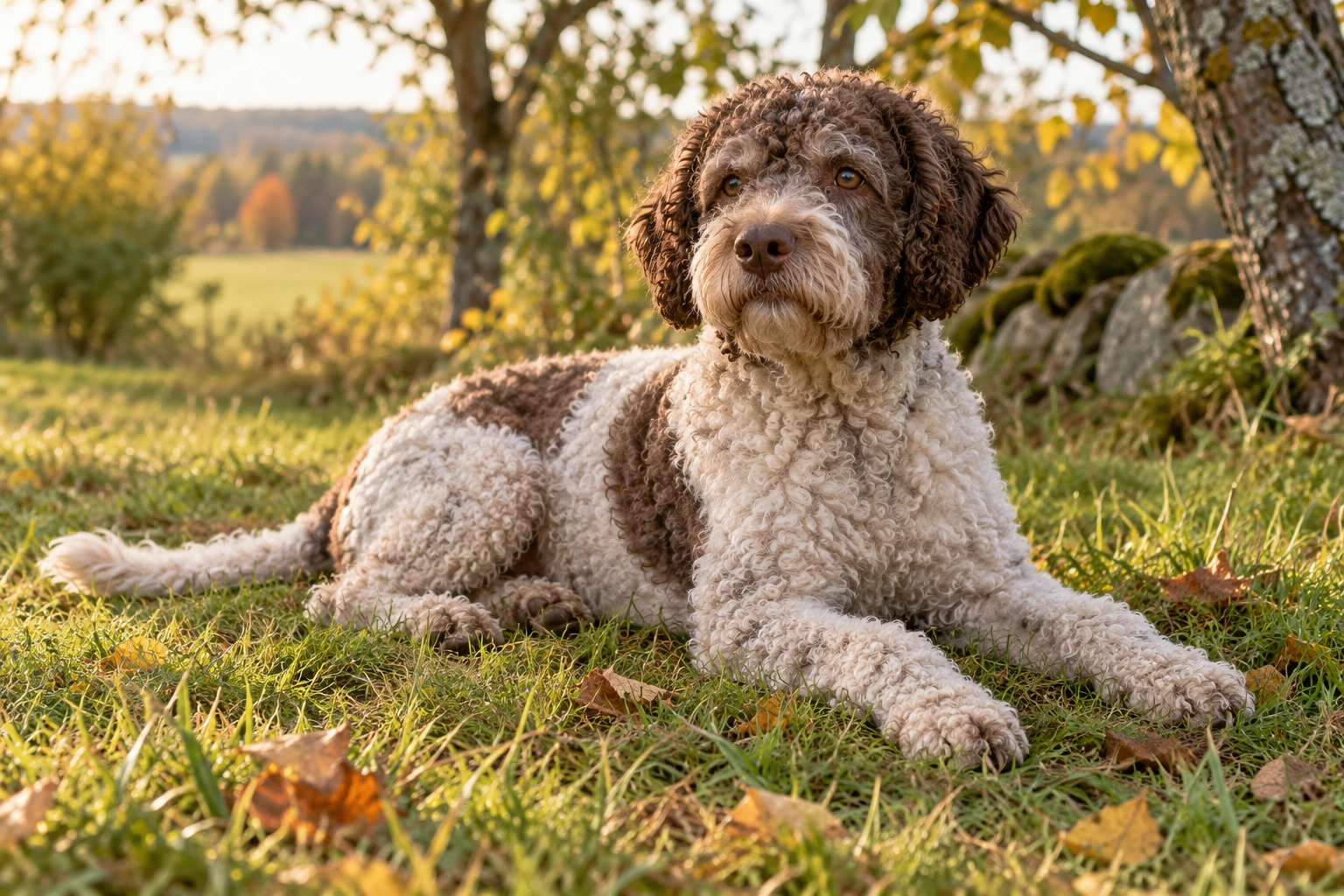Senior af racen Lagotto Romagnolo, ca. 10 år, i et nordisk hverdagsmiljø