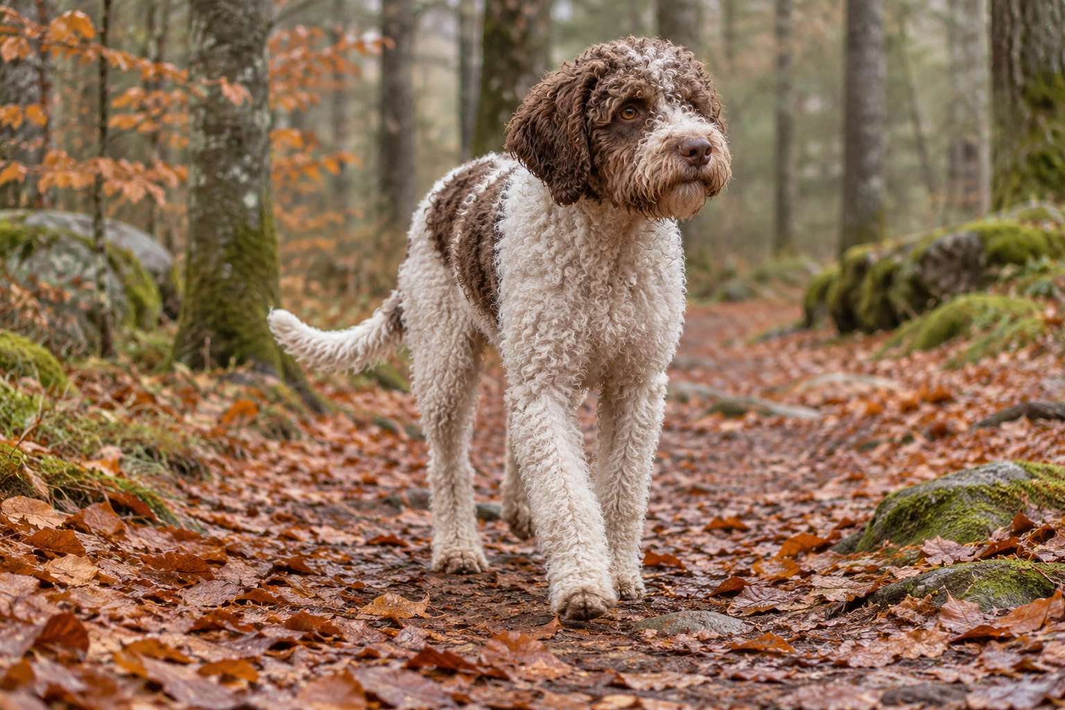Unghund af racen Lagotto Romagnolo, ca. 9 måneder, i et nordisk hverdagsmiljø