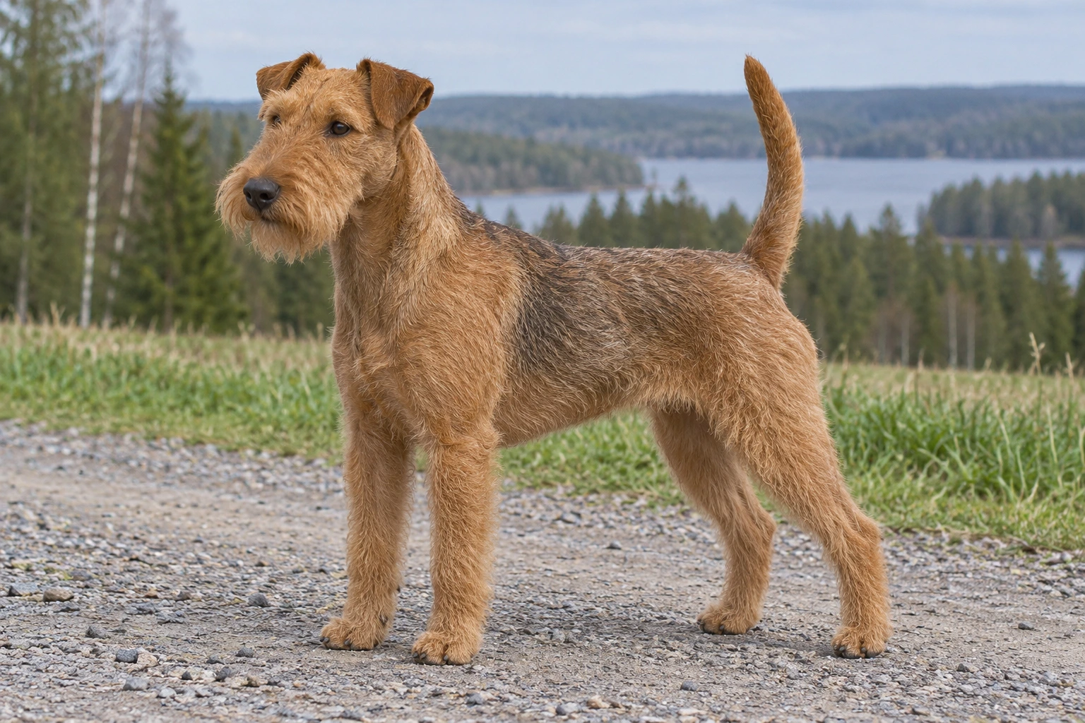 Rudgrå Lakeland Terrier med strid pels og naturlig opret hale står ved en mark.