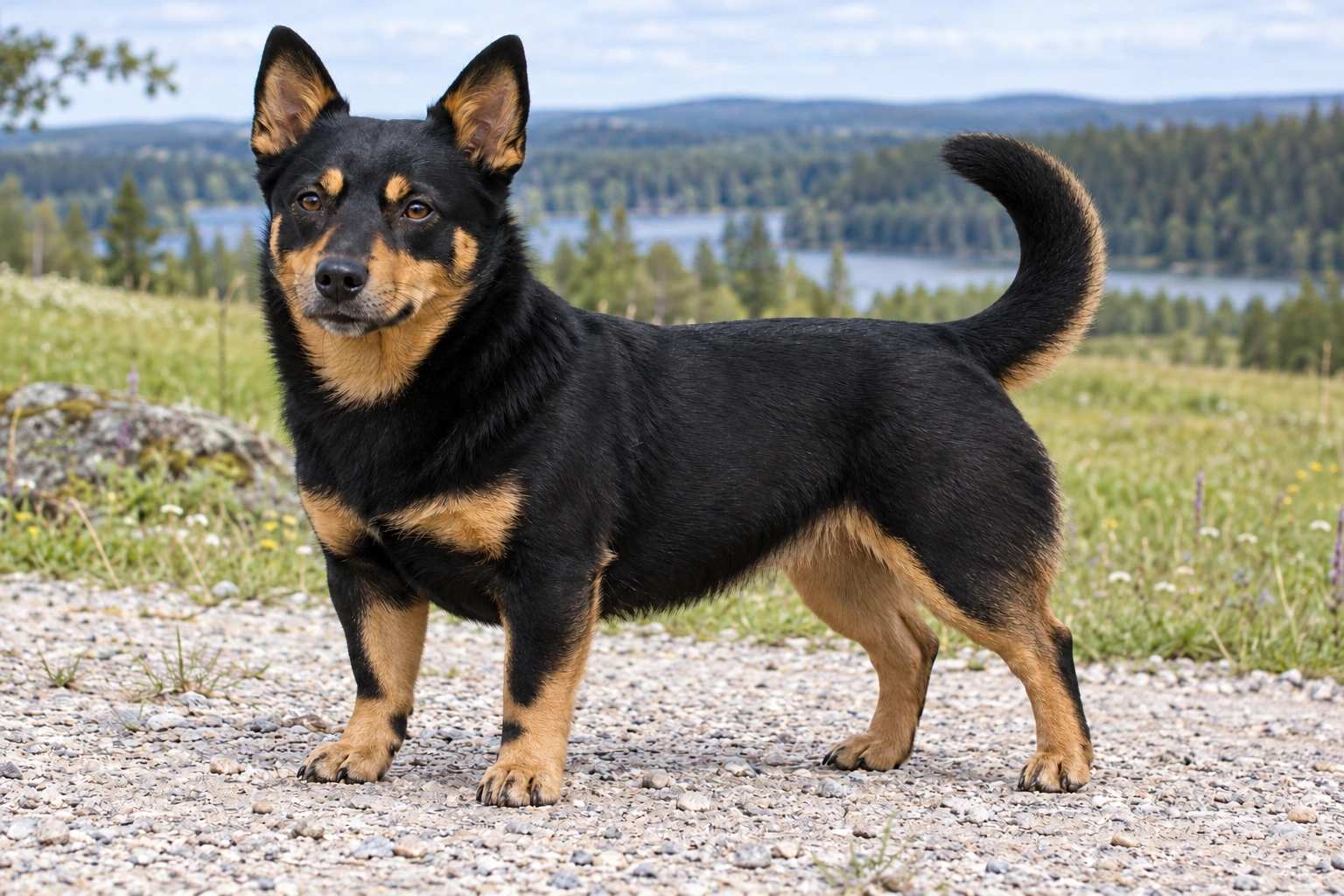 Sort og tan voksen Lancashire Heeler med oprette ører og fuld naturlig hale ved en engsti