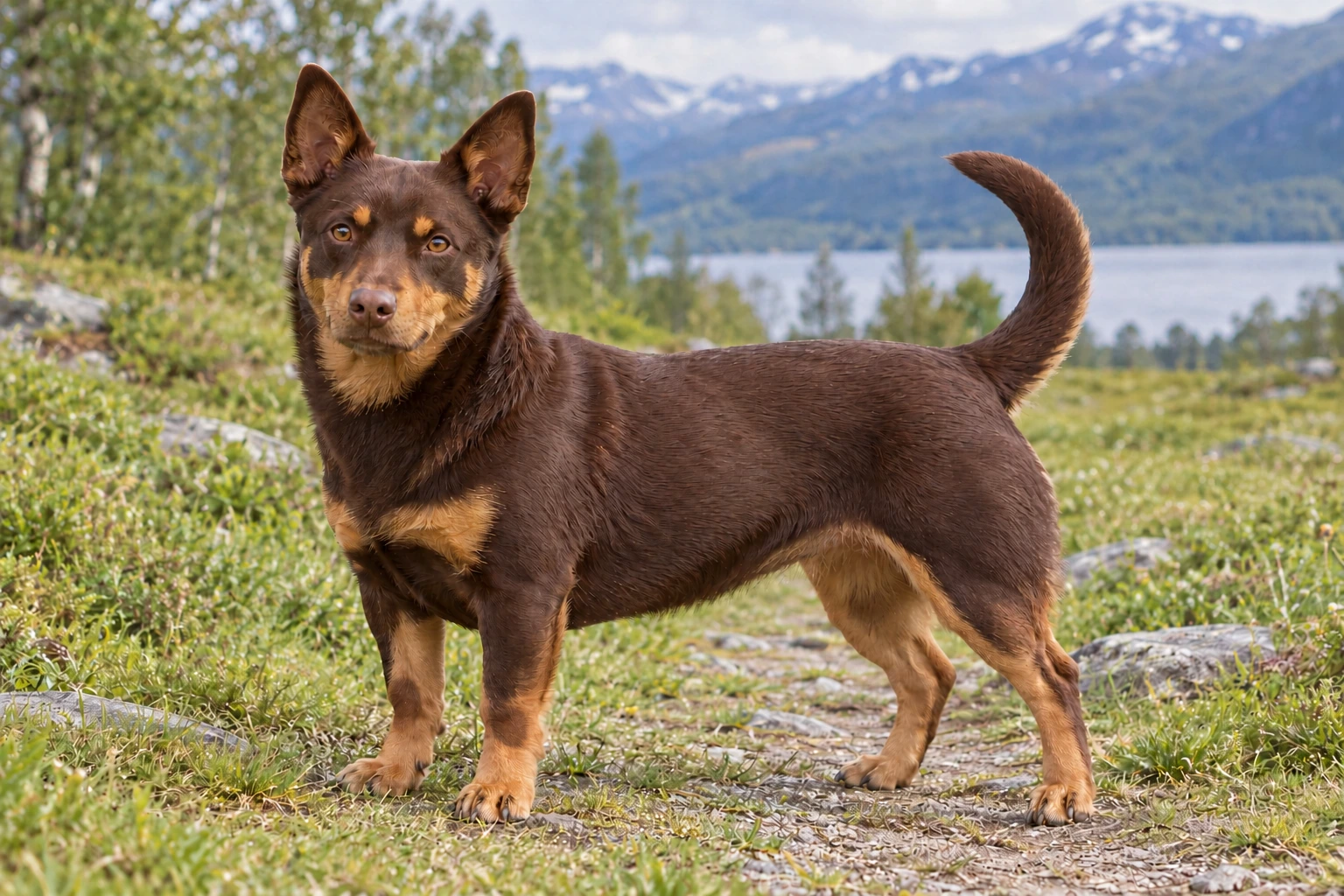Voksen leverbrun og tan Lancashire Heeler med oprette ører og fuld naturlig hale