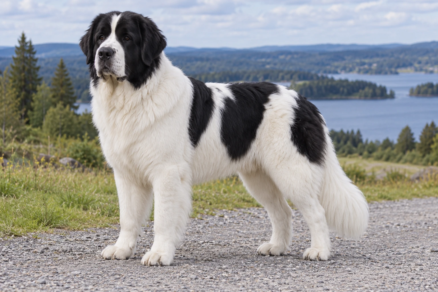 Sort og hvid Landseer med lange kraftige ben og hvid lav hale står ved en mark.