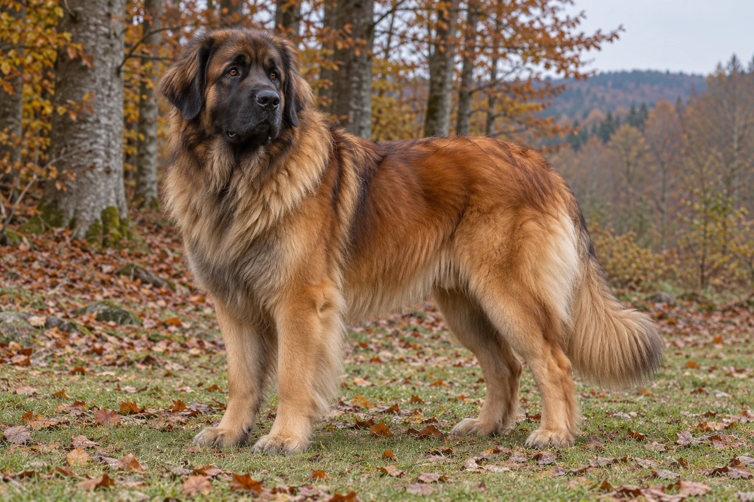 Rødgylden Leonberger med sort maske og tæt manke står blandt efterårsblade.