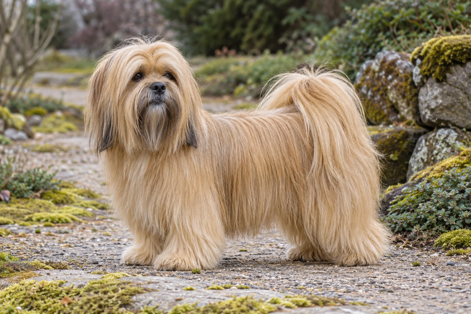 Gylden Lhasa Apso med lang lige pels og hale over ryggen står på en mosset havesti.