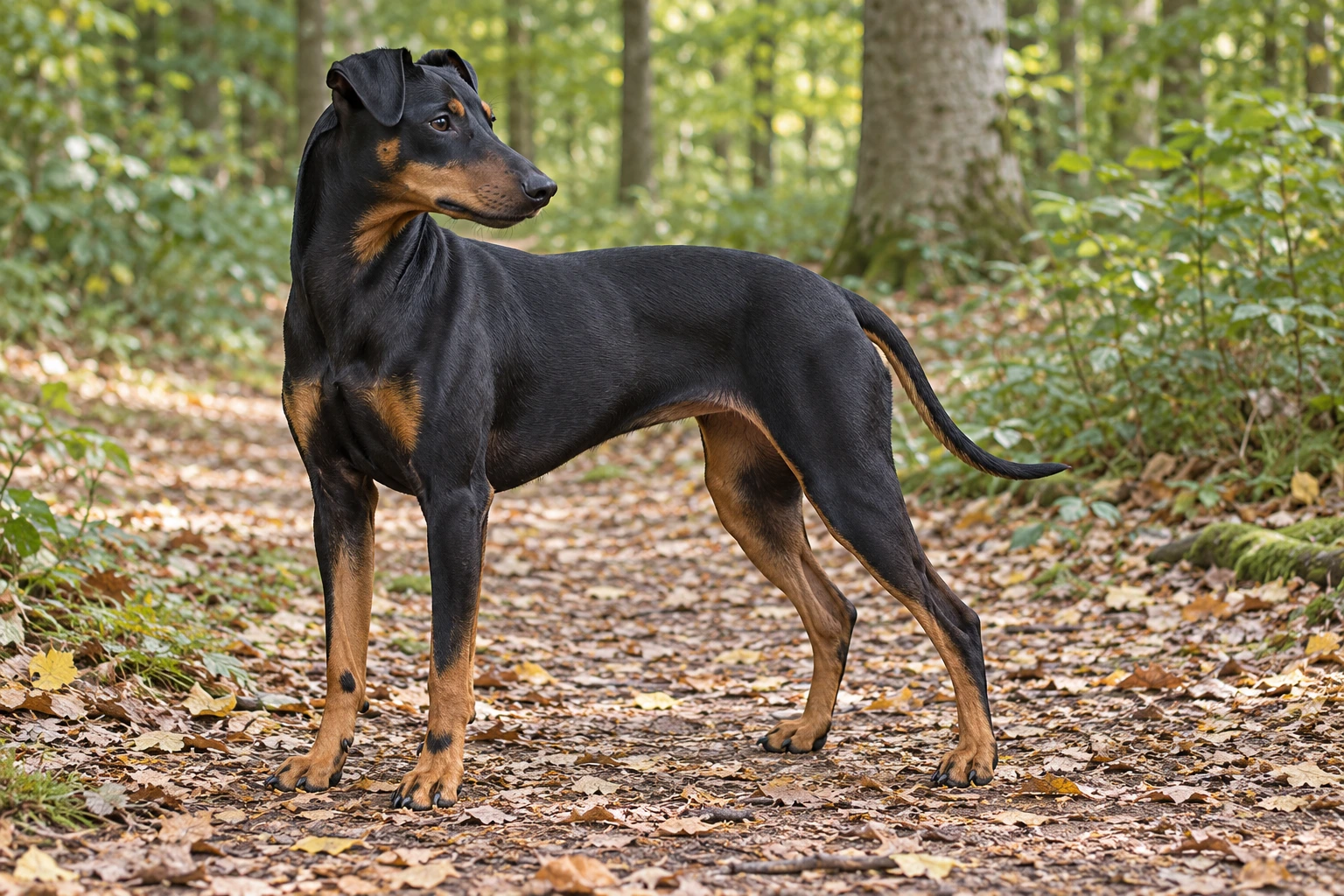 Voksen Manchester Terrier med sorte tåstreger, tanfarvede aftegn og fuld naturlig hale på en skovsti