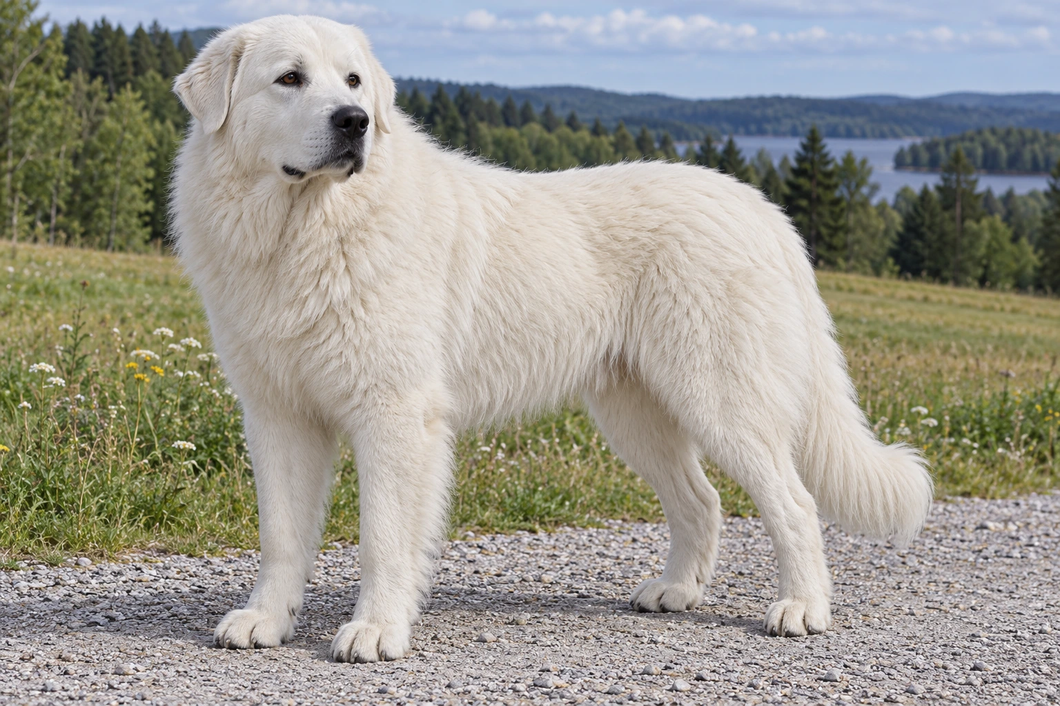 Hvid voksen Maremma med kraftig krave, naturlige hængeører og fuld lav hale ved en engsti