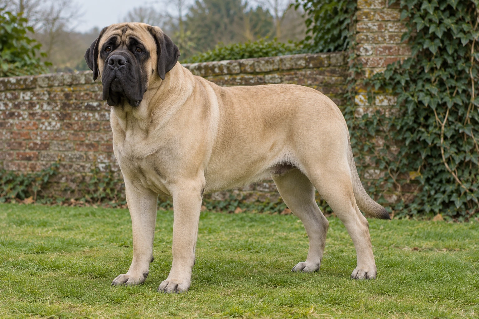 Fawnfarvet Mastiff med sort maske og hængeører står på græs ved en mur.