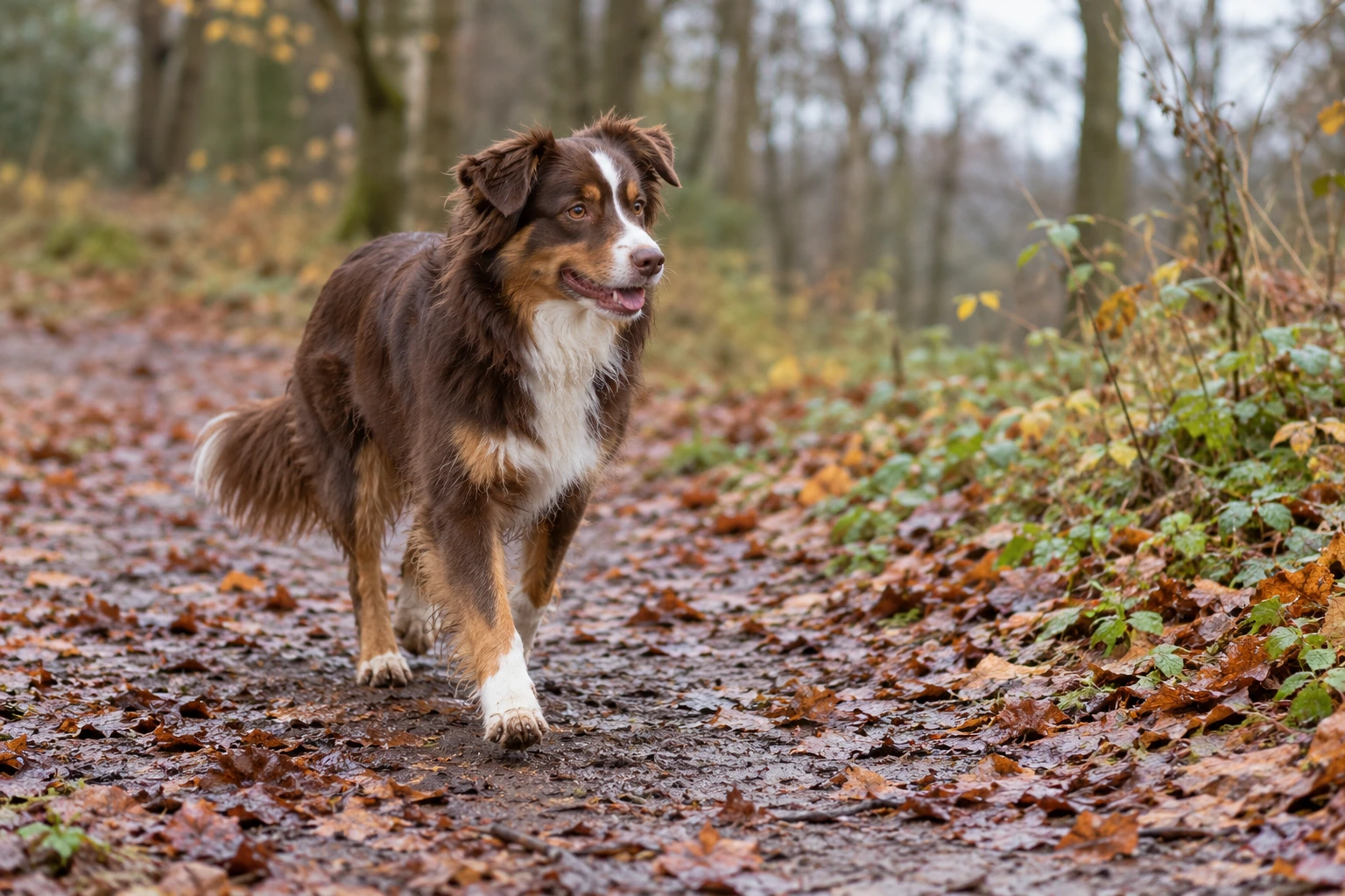 Rød trefarvet voksen Miniature American Shepherd traver på en skovsti