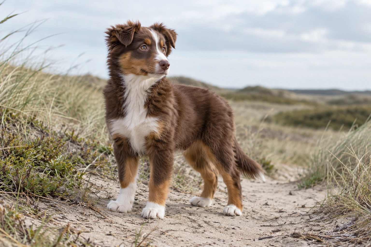 Hvalp af racen Miniature American Shepherd, ca. 12 uger, i et nordisk hverdagsmiljø