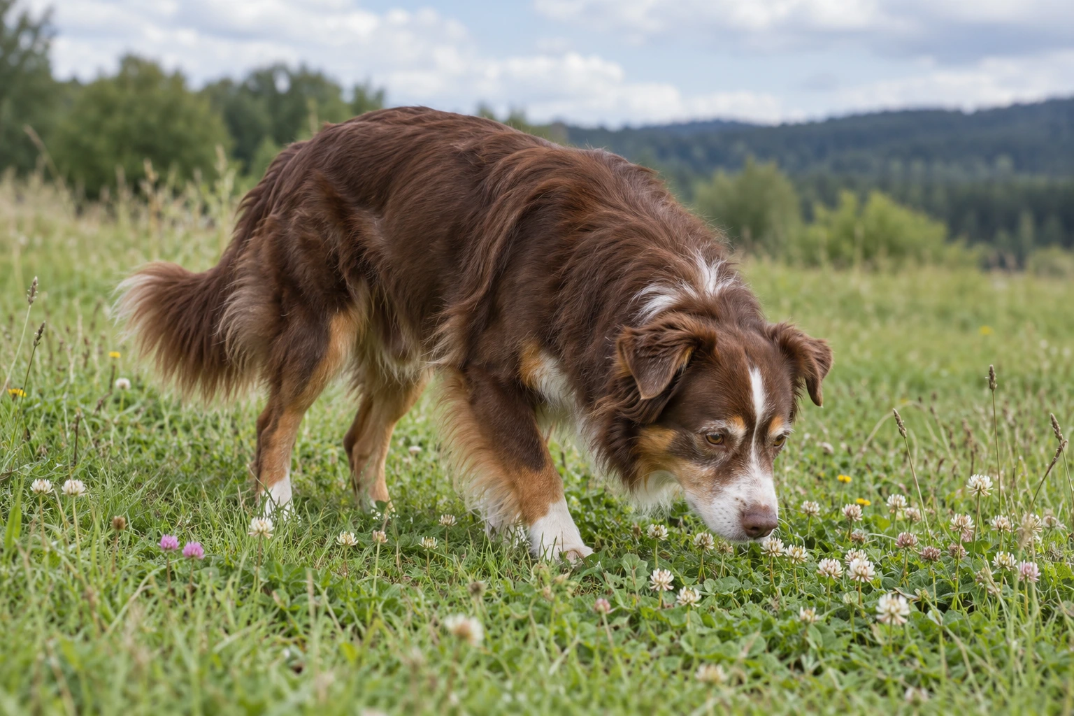 Senior af racen Miniature American Shepherd, ca. 10 år, i et nordisk hverdagsmiljø