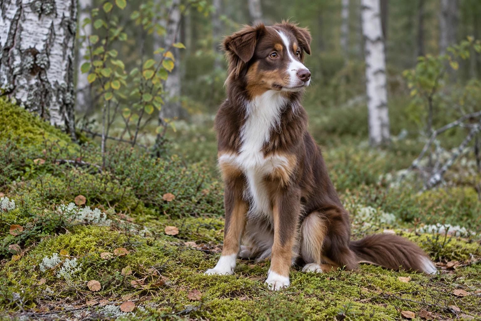 Unghund af racen Miniature American Shepherd, ca. 9 måneder, i et nordisk hverdagsmiljø